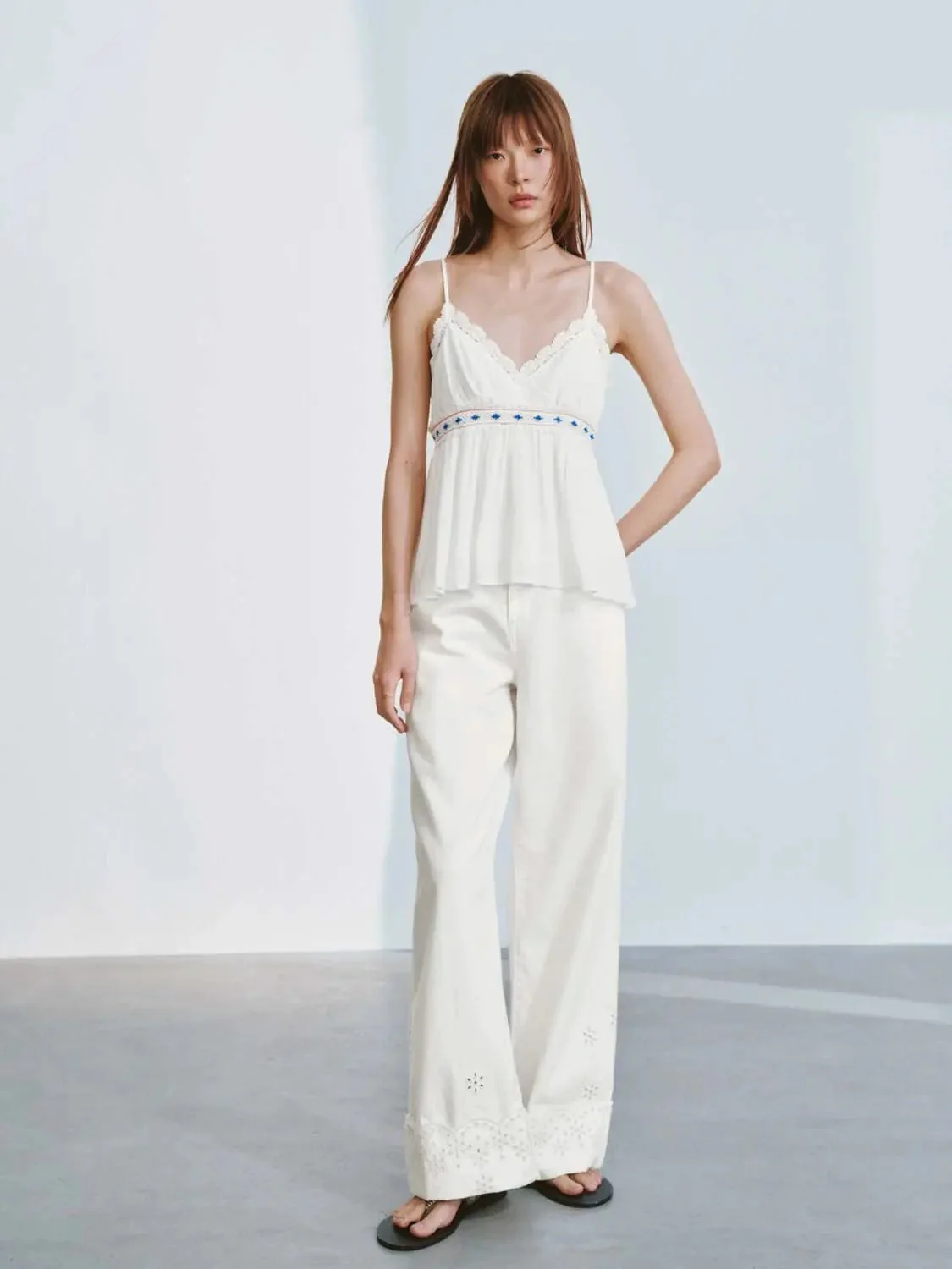 Crochet Trim Embroidered Strappy Cami Tops