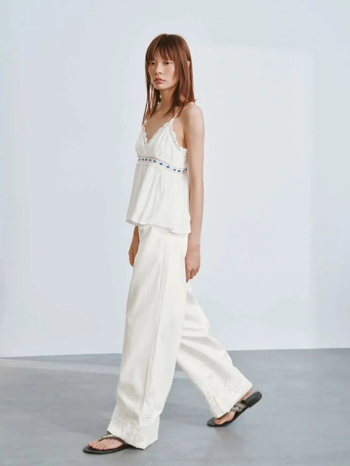 Crochet Trim Embroidered Strappy Cami Tops