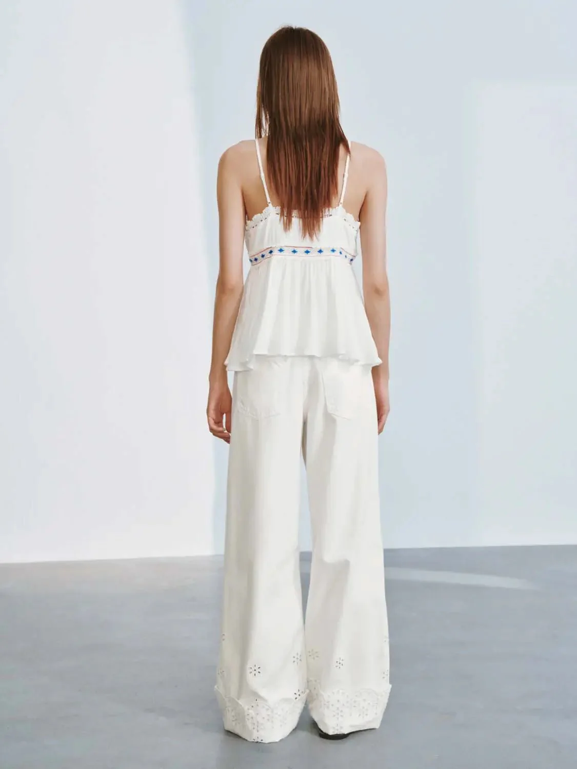 Crochet Trim Embroidered Strappy Cami Tops
