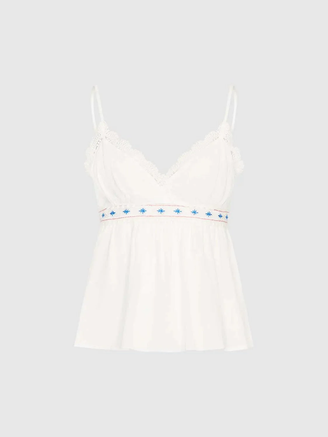 Crochet Trim Embroidered Strappy Cami Tops