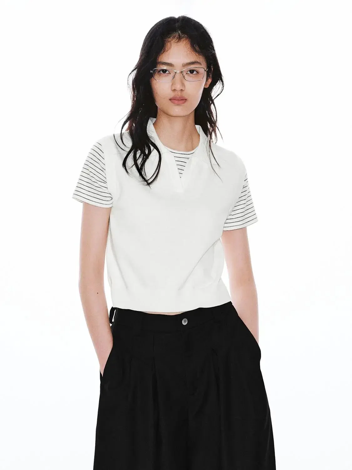 Polo Neck Contrast Striped Knitted T-Shirts