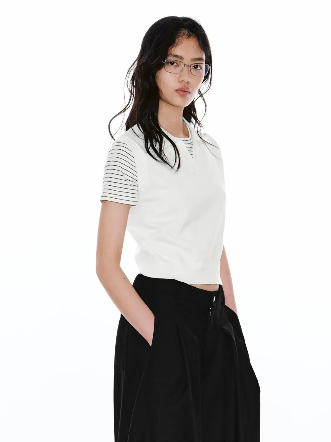 Polo Neck Contrast Striped Knitted T-Shirts