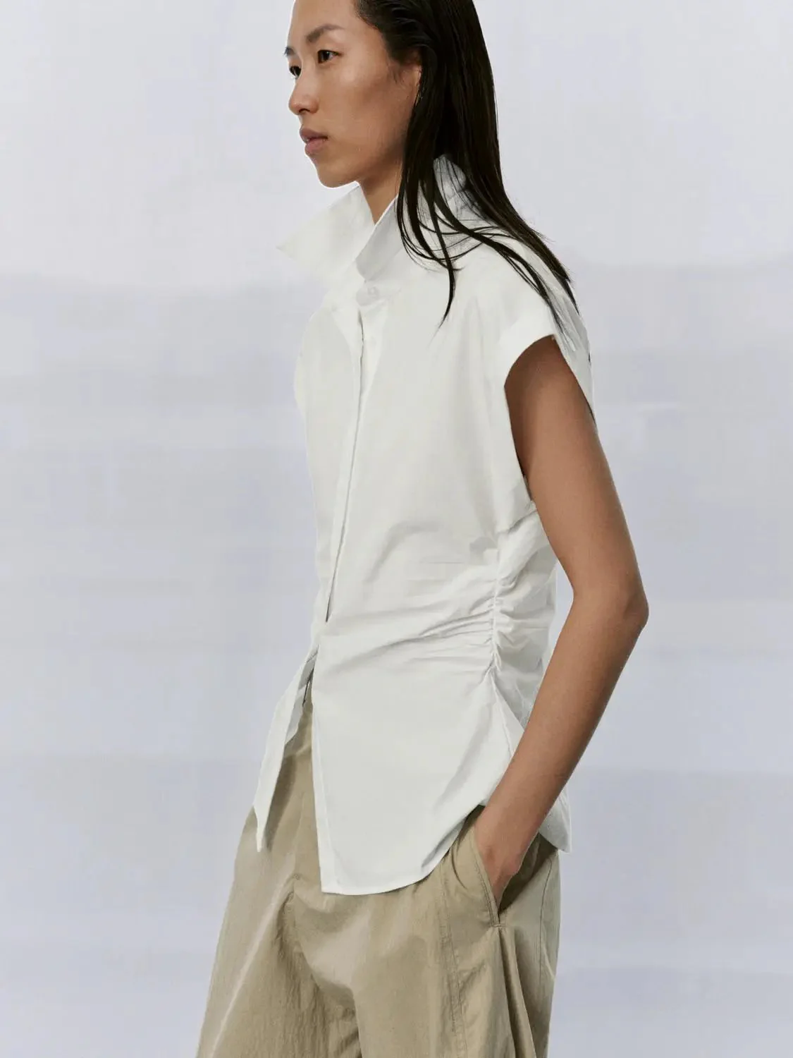 Nipped Waist Cap Short Sleeve Shirts