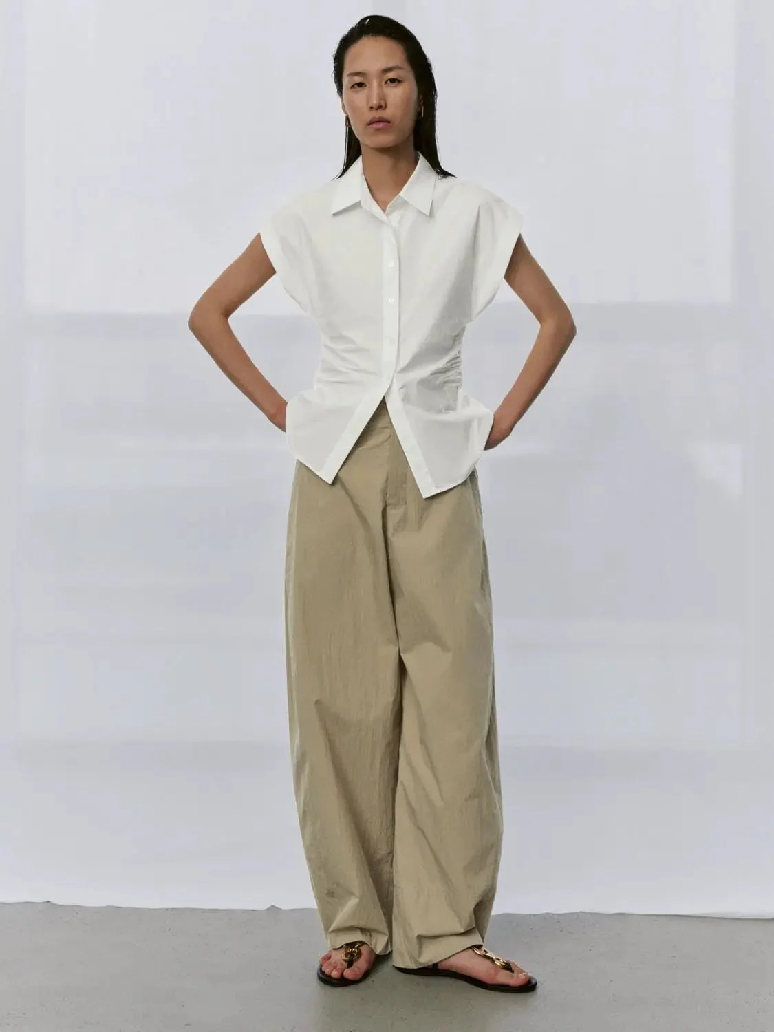 Nipped Waist Cap Short Sleeve Shirts