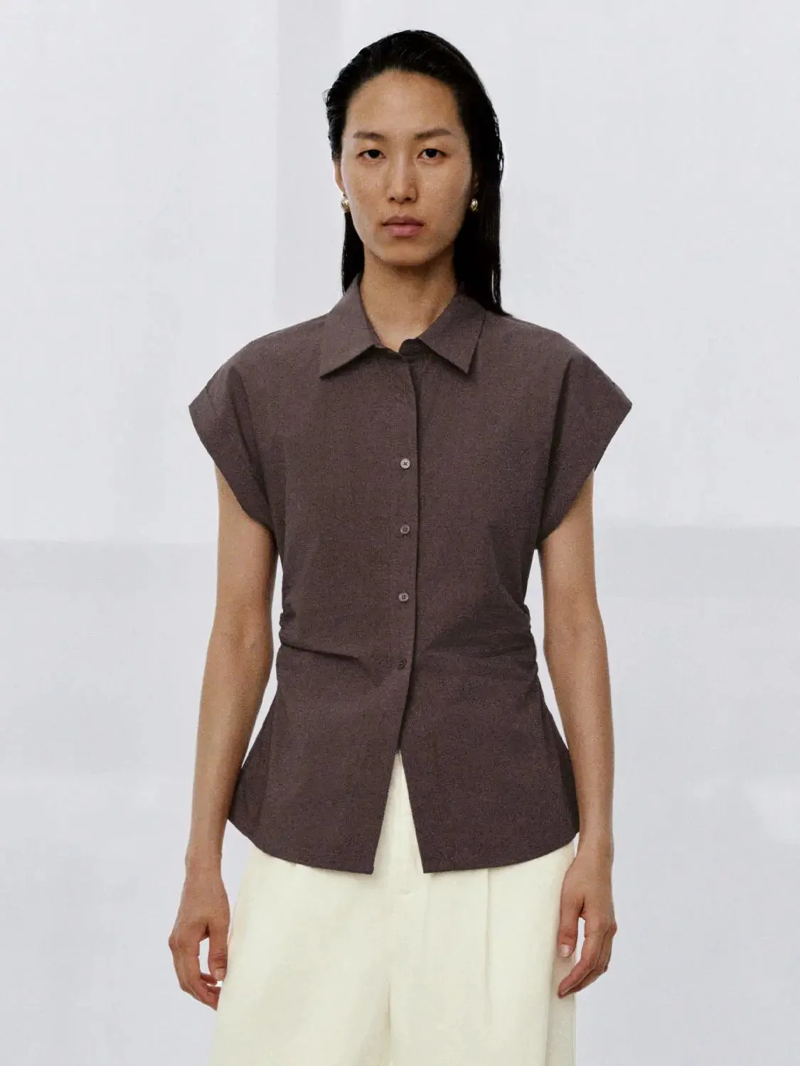 Nipped Waist Cap Short Sleeve Shirts
