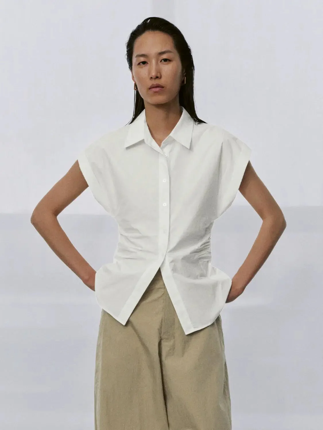 Nipped Waist Cap Short Sleeve Shirts