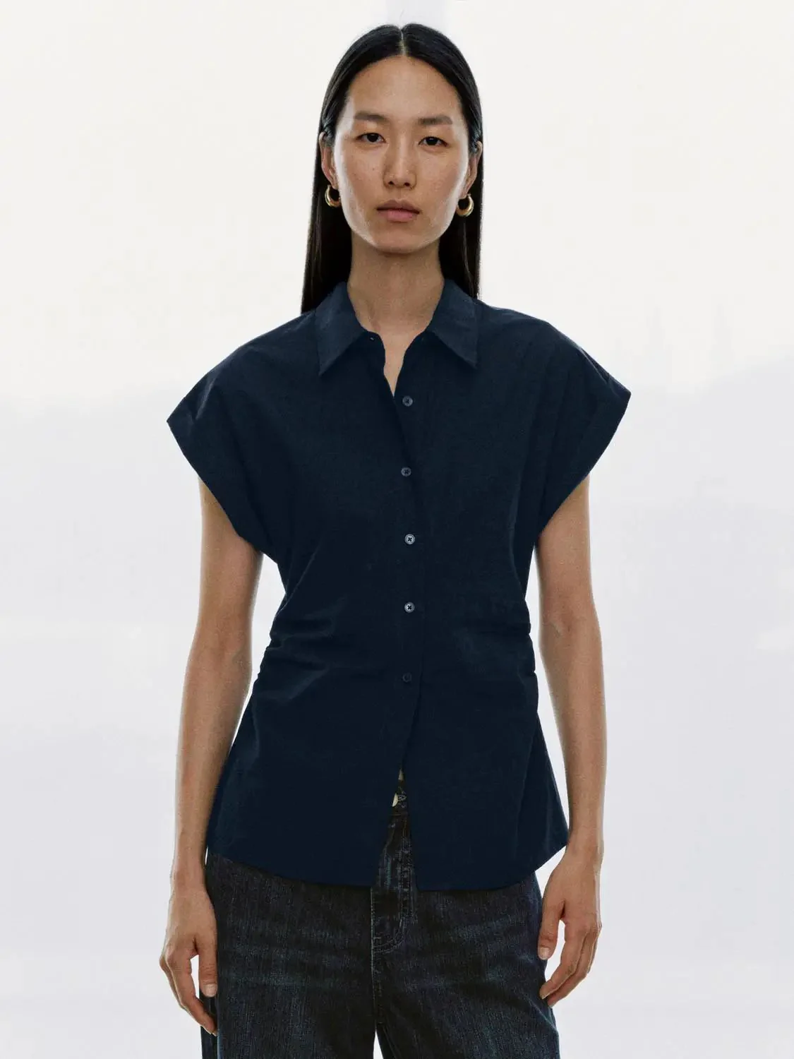 Nipped Waist Cap Short Sleeve Shirts