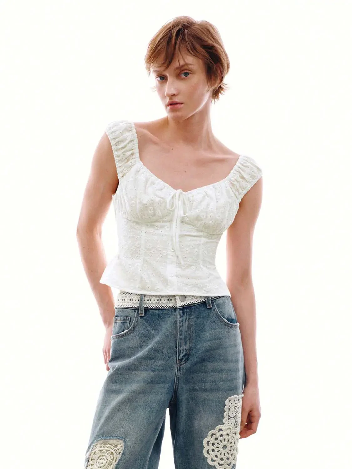 Cotton Eyelet Shirred Delicate Cap Sleeve Shirts