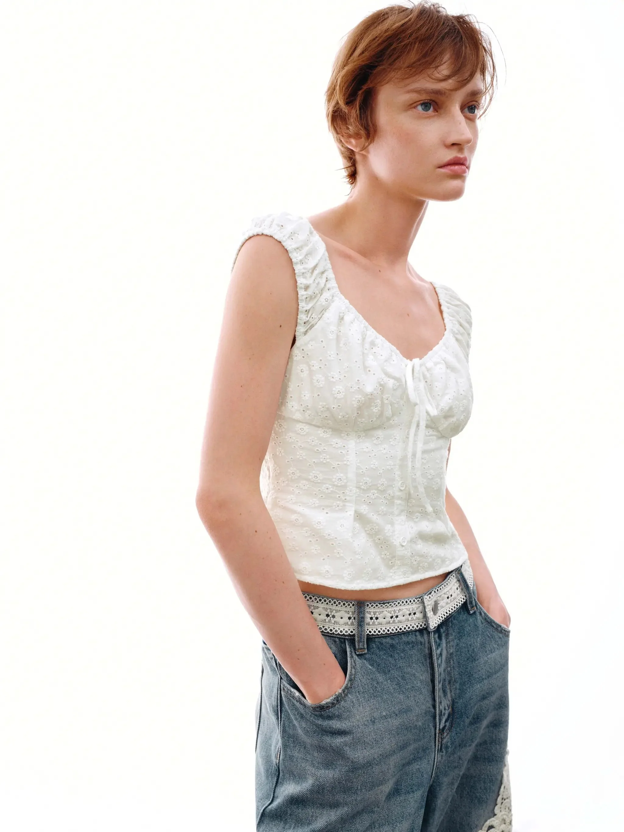 Cotton Eyelet Shirred Delicate Cap Sleeve Shirts
