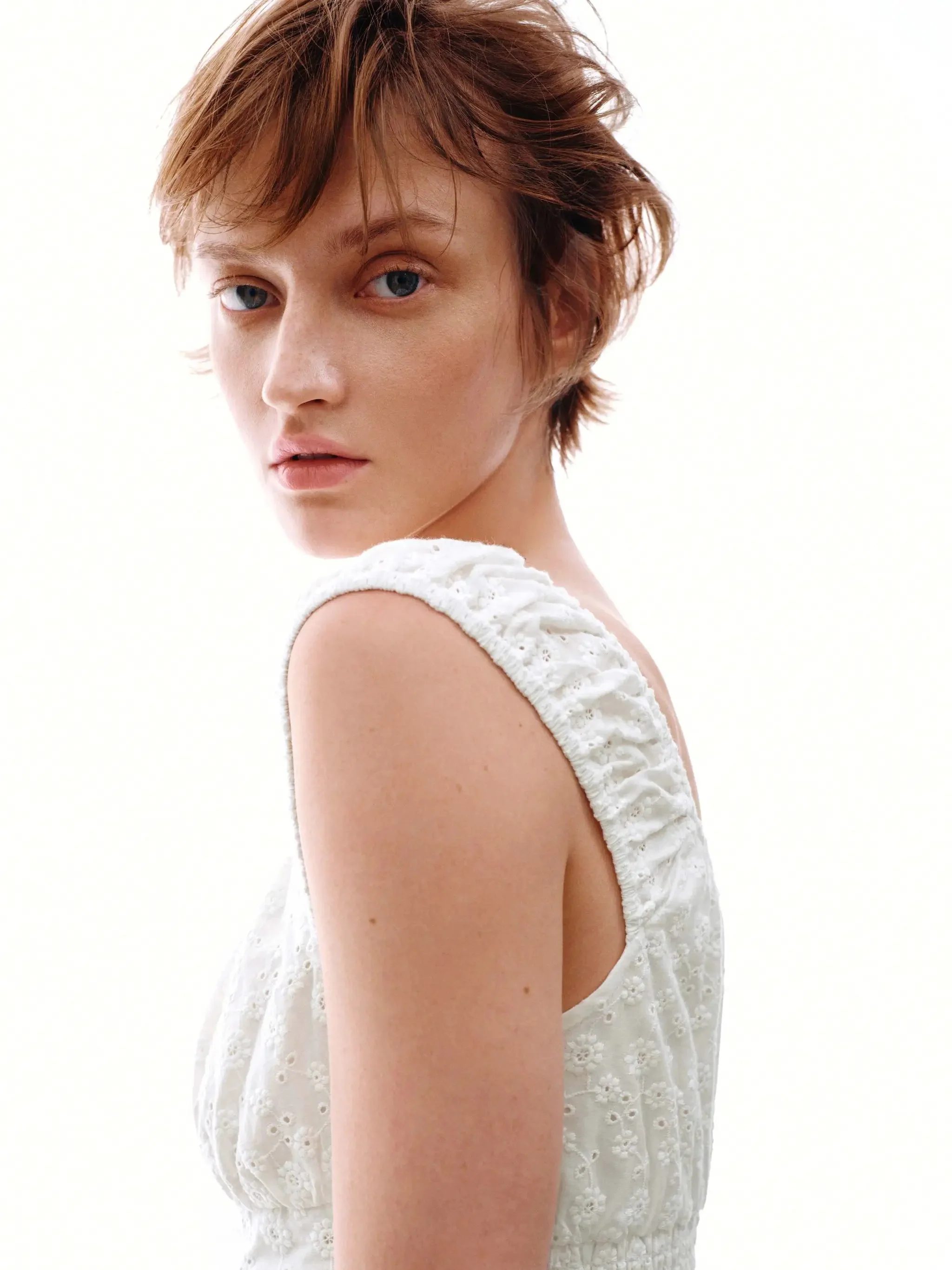 Cotton Eyelet Shirred Delicate Cap Sleeve Shirts
