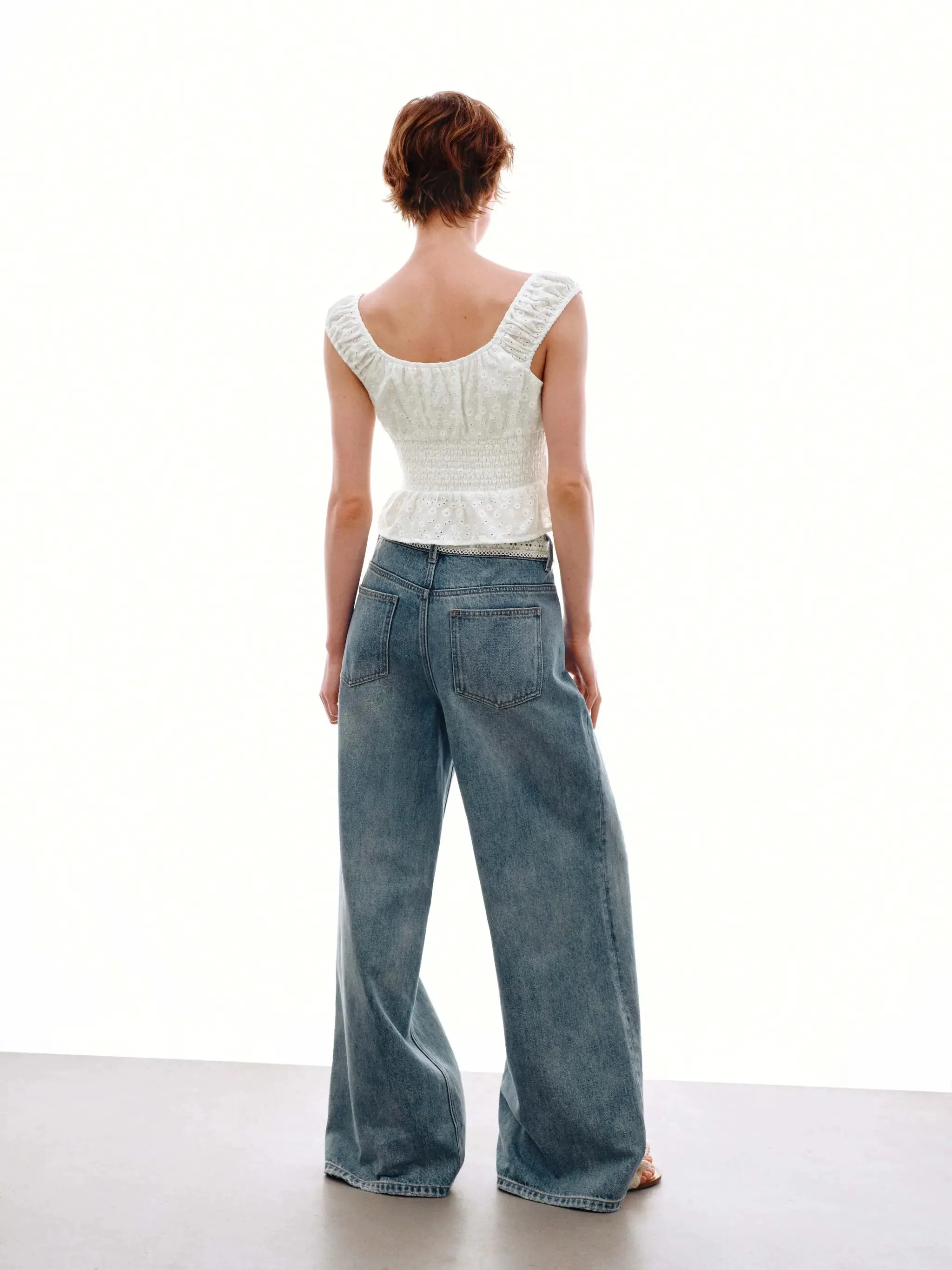 Cotton Eyelet Shirred Delicate Cap Sleeve Shirts