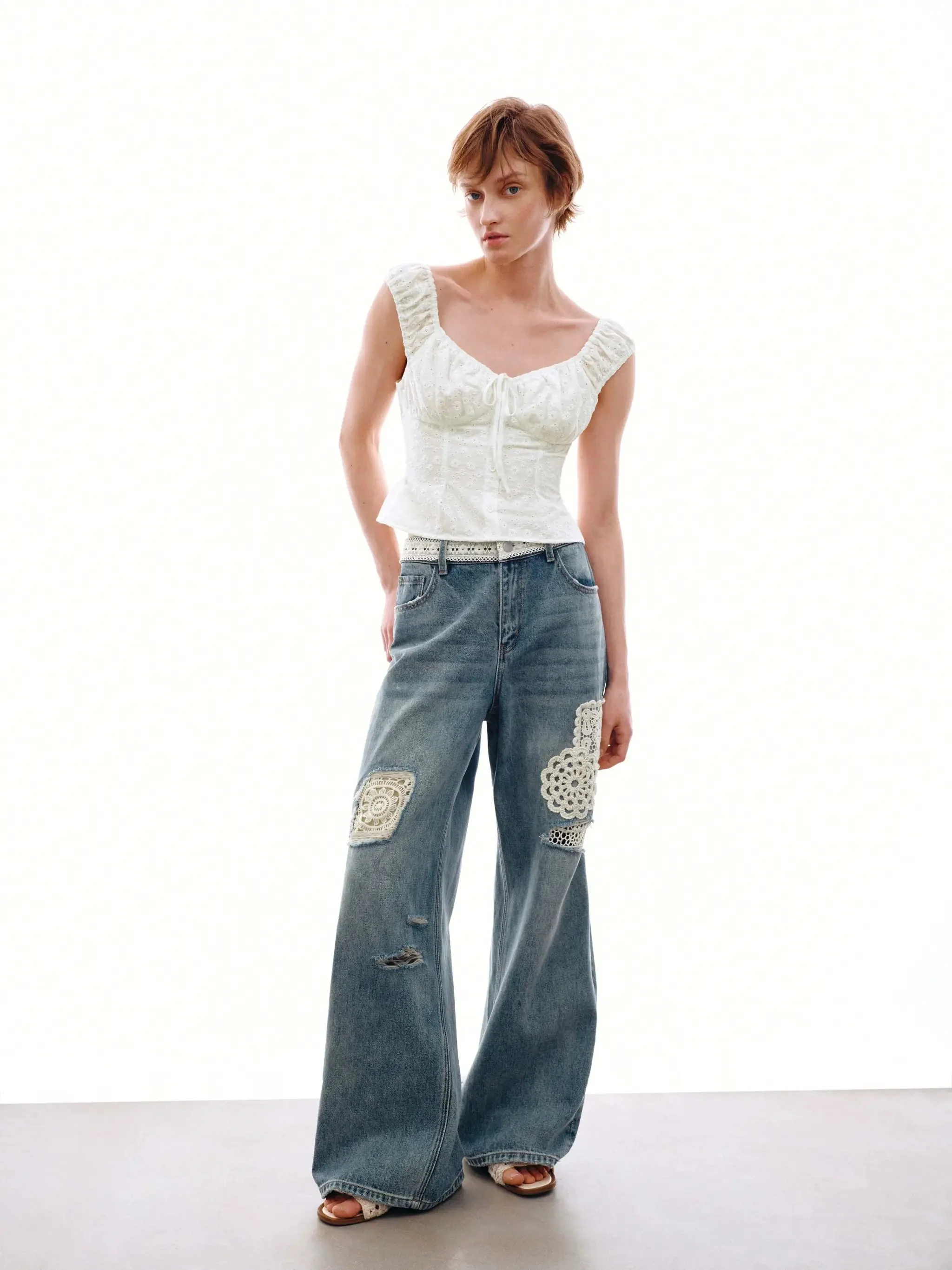 Cotton Eyelet Shirred Delicate Cap Sleeve Shirts