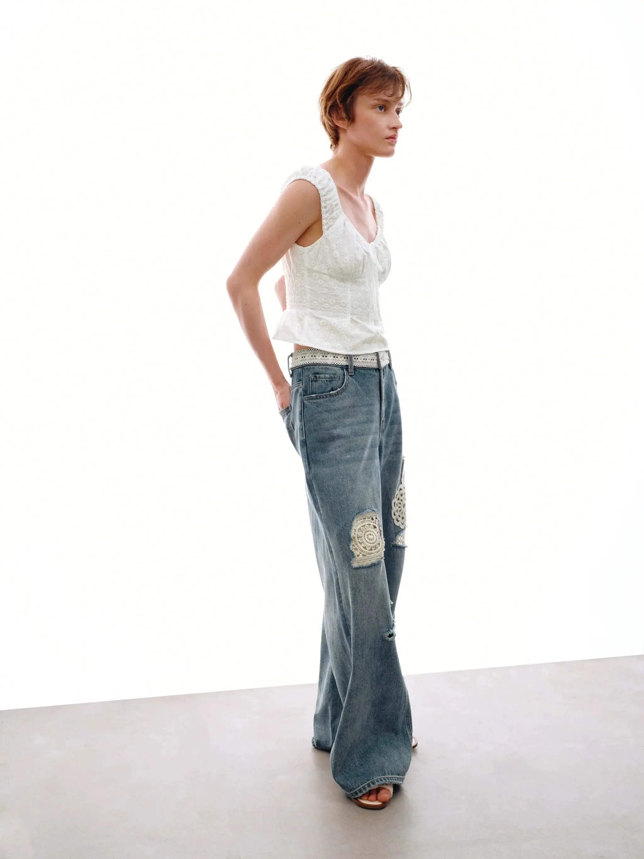 Cotton Eyelet Shirred Delicate Cap Sleeve Shirts