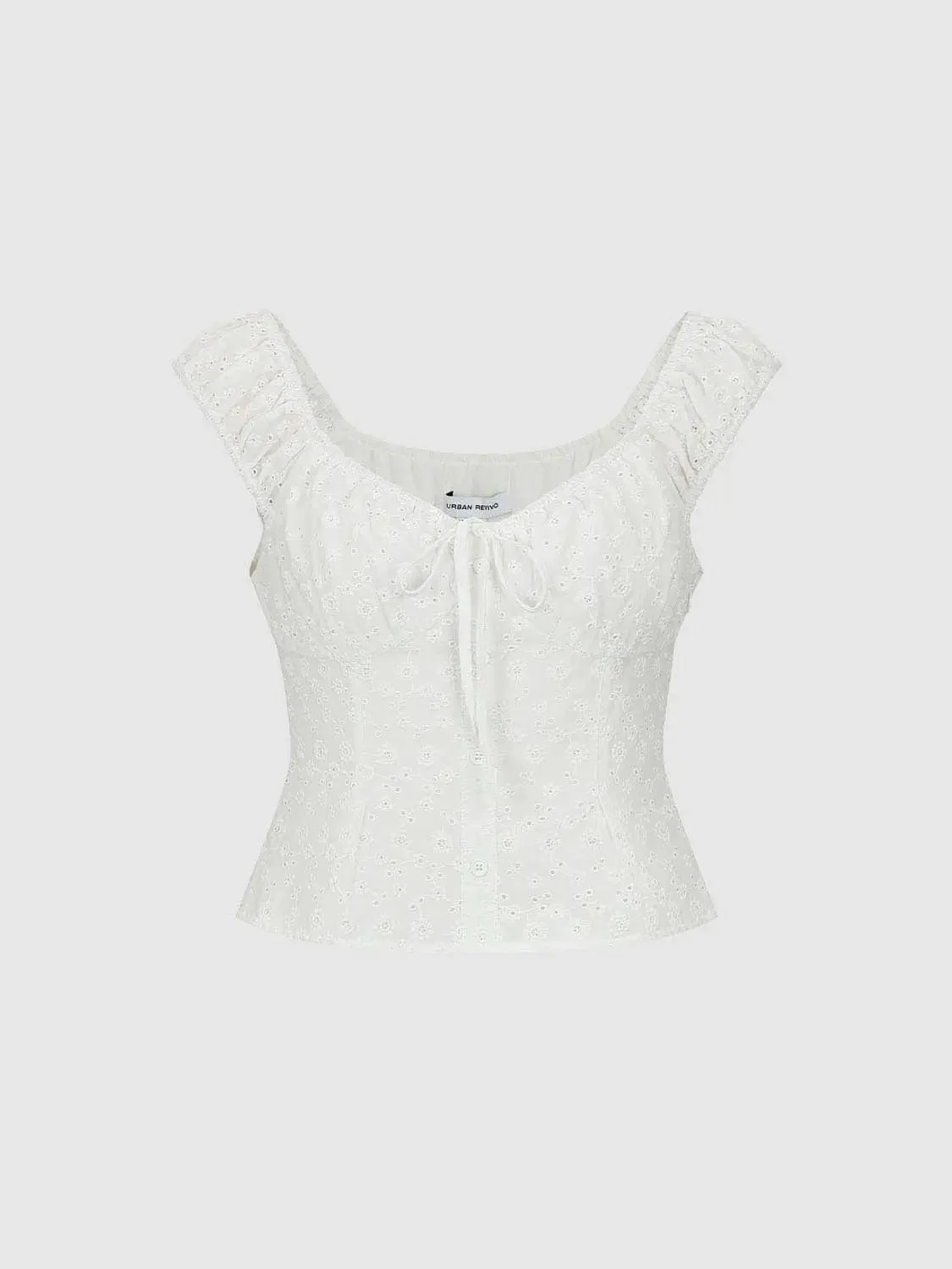 Cotton Eyelet Shirred Delicate Cap Sleeve Shirts