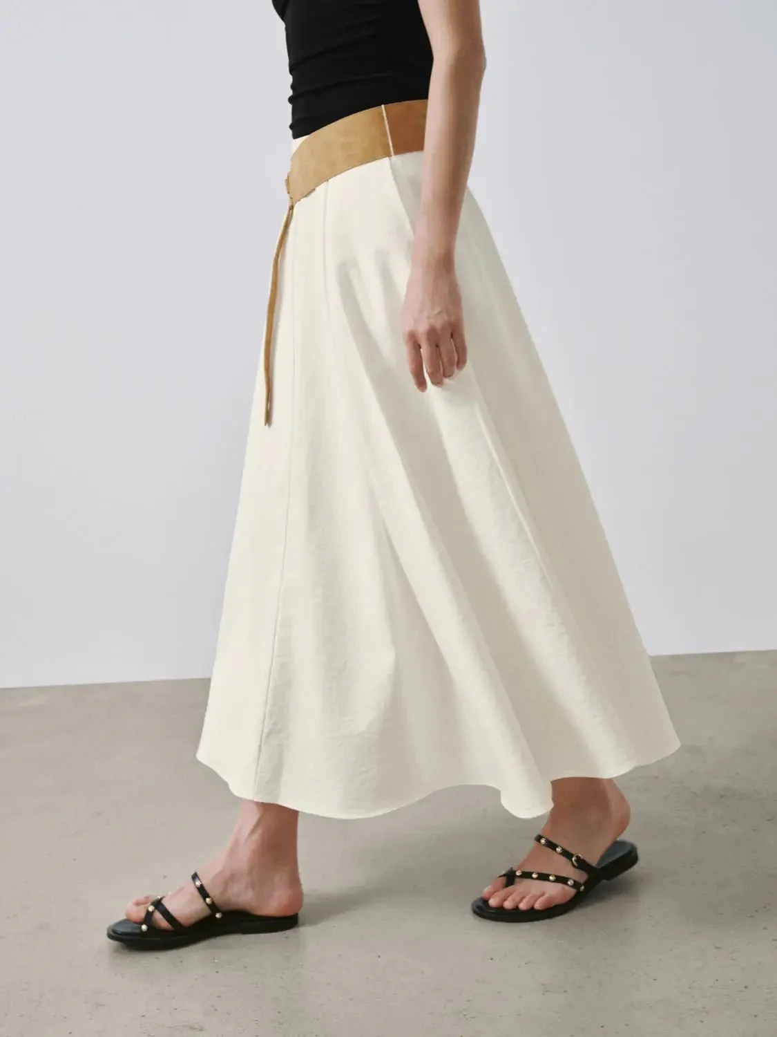 Viscose Lyocell Blend Boho Belted A-Line Midi Skirts