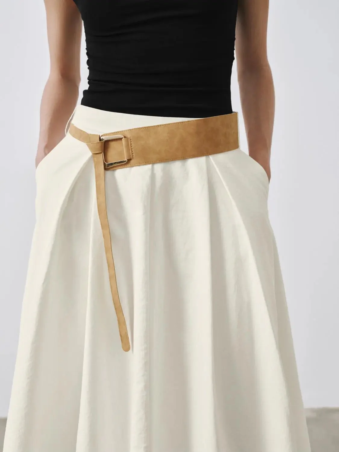 Viscose Lyocell Blend Boho Belted A-Line Midi Skirts