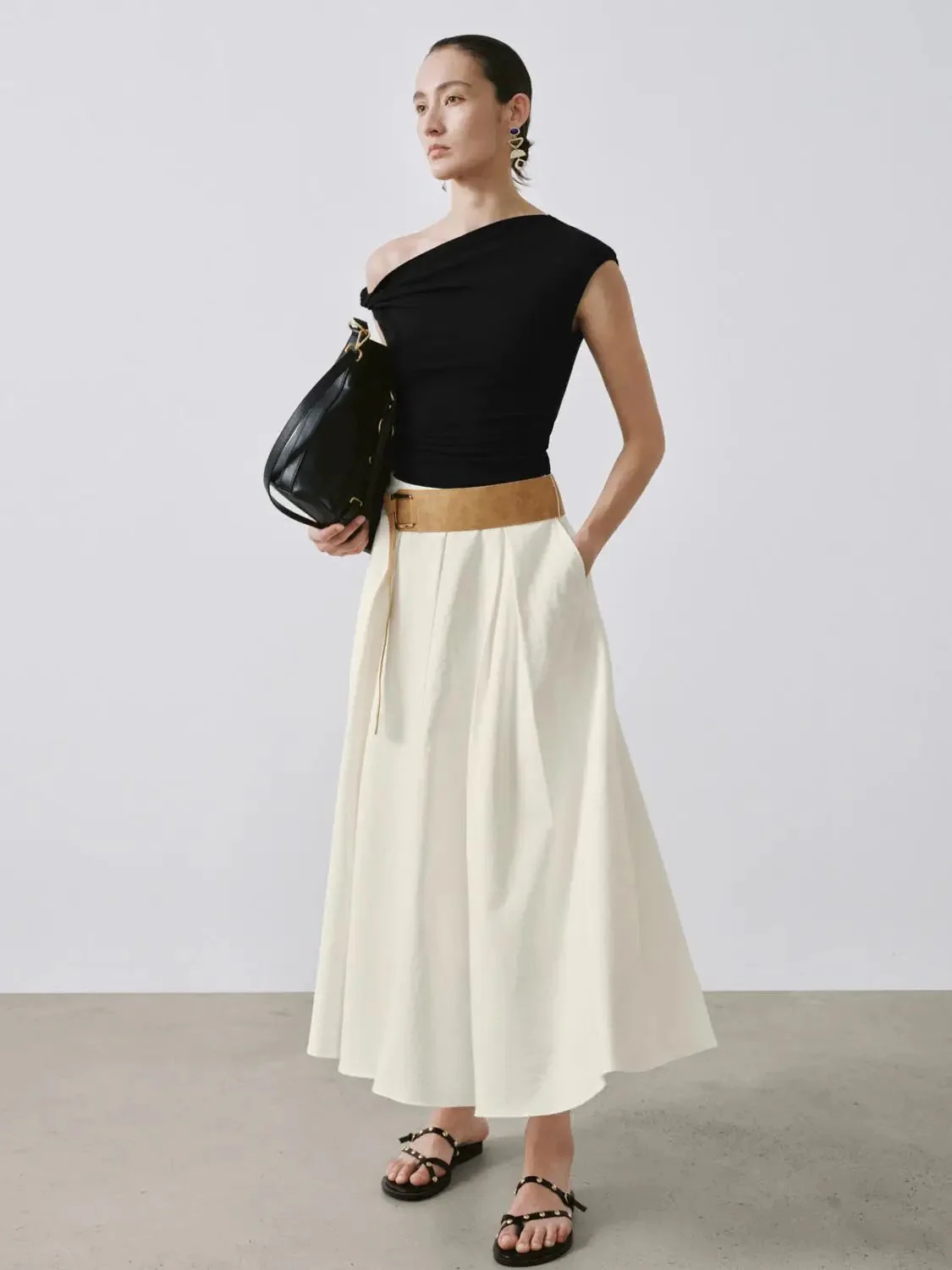 Viscose Lyocell Blend Boho Belted A-Line Midi Skirts