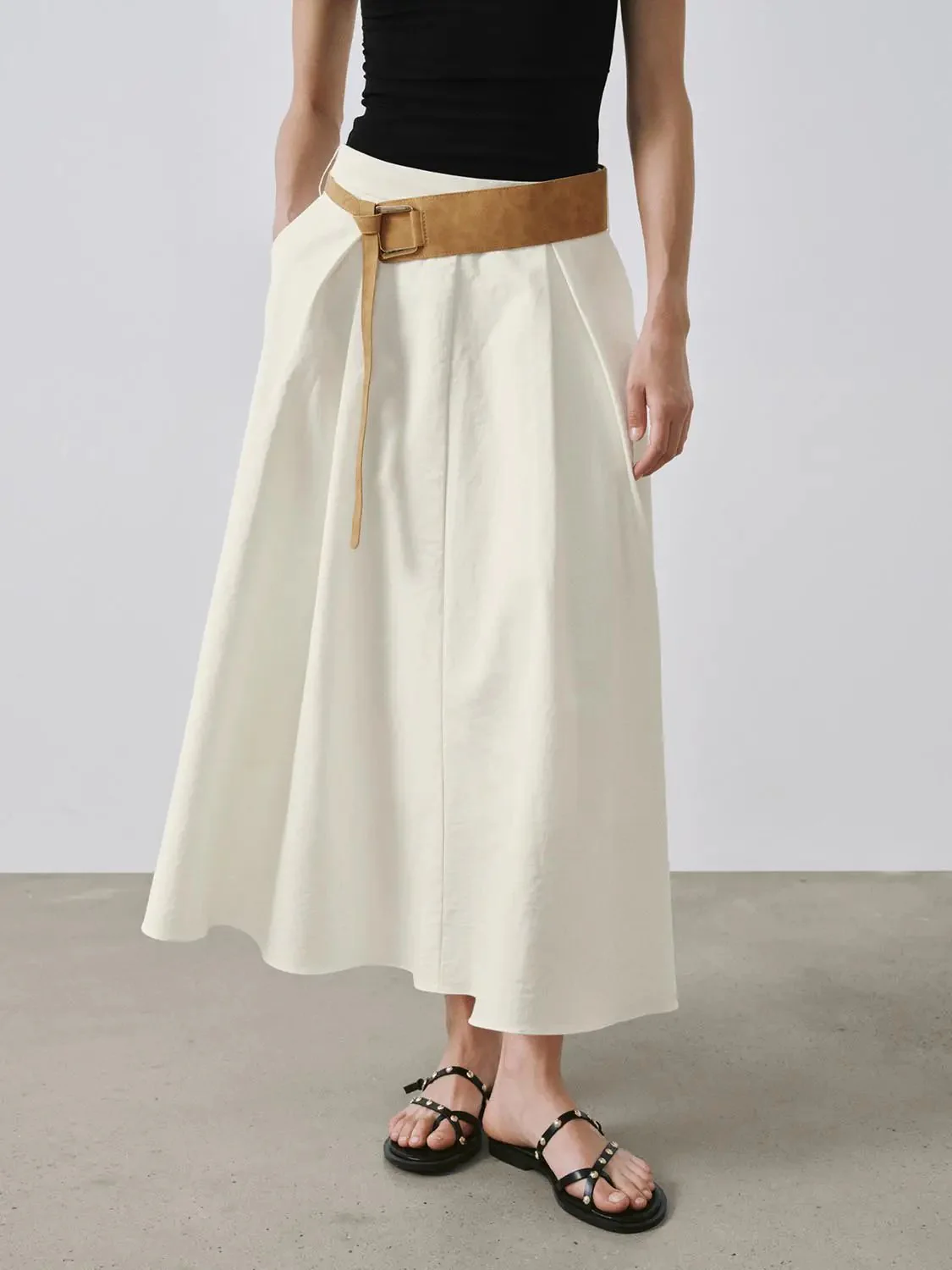 Viscose Lyocell Blend Boho Belted A-Line Midi Skirts