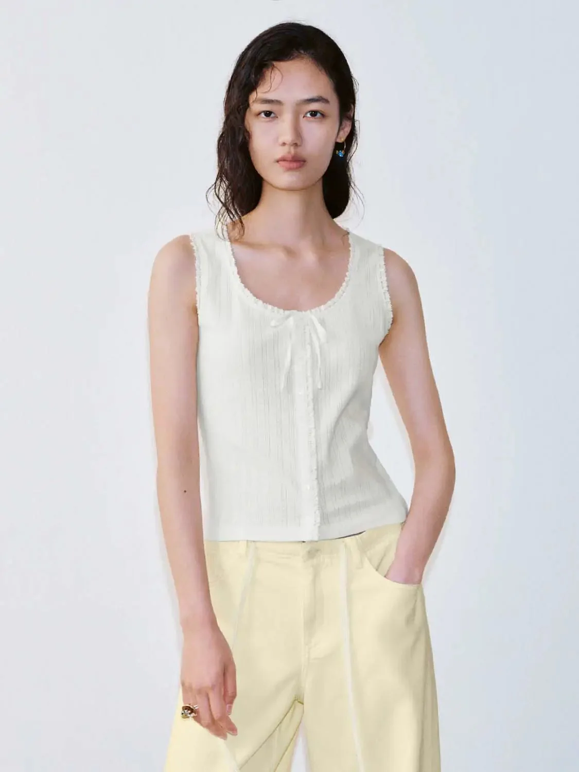 13393-lace-trim-bow-front-cotton-sleeveless-t-shirt-1.webp Lace Trim Bow Front Cotton Sleeveless T Shirt