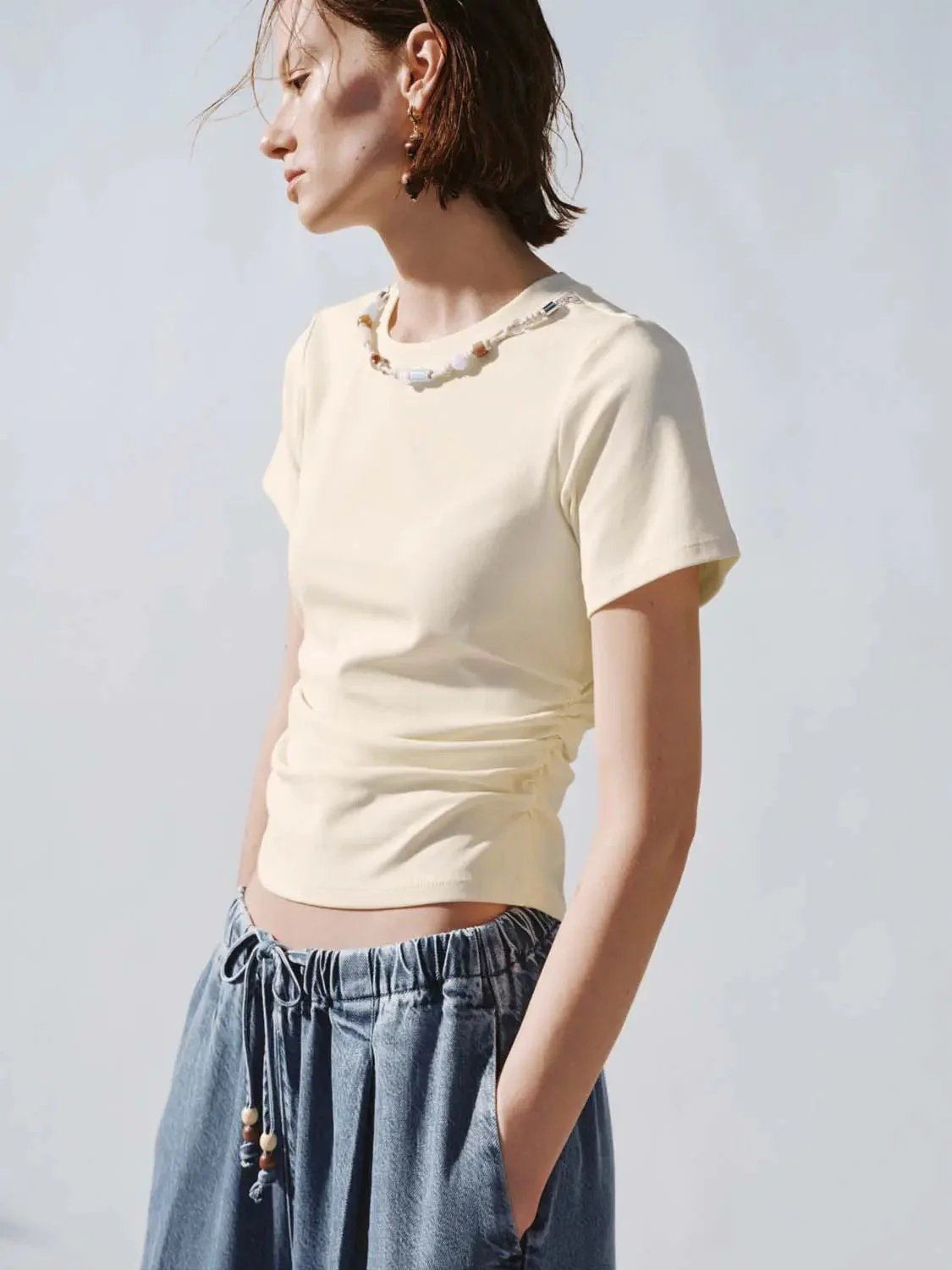 Cotton Blend Crew Neck With Twist Hem T Shirts