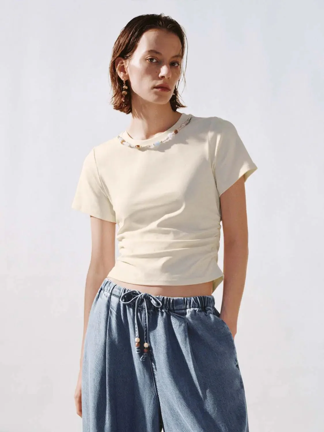 Cotton Blend Crew Neck With Twist Hem T Shirts