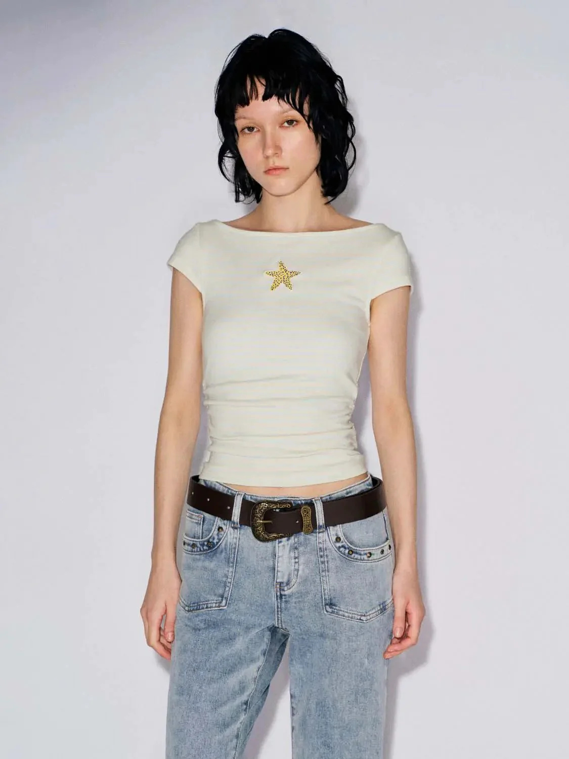 Striped Embroidered Ruched Cotton T Shirt
