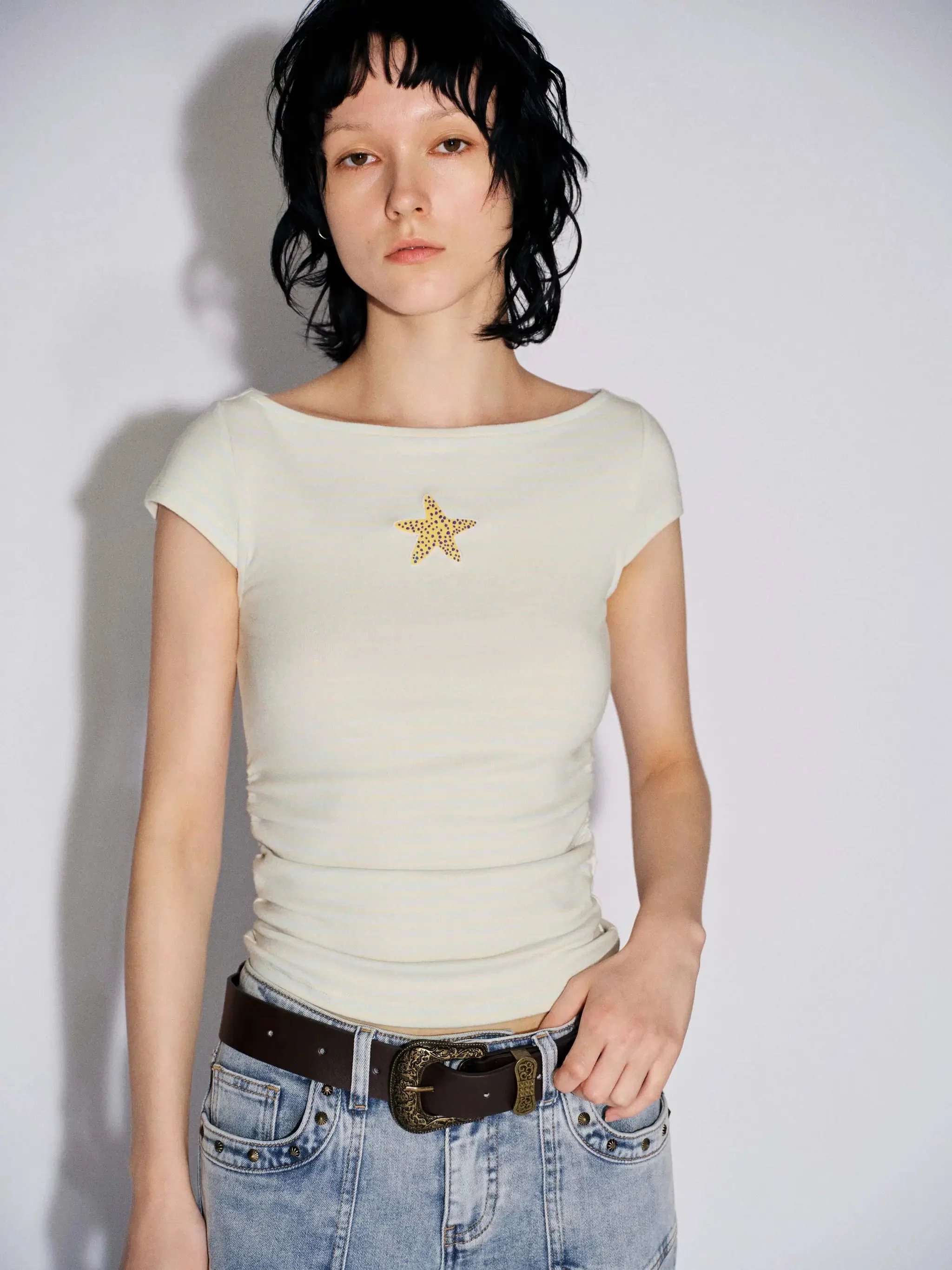 Striped Embroidered Ruched Cotton T Shirt