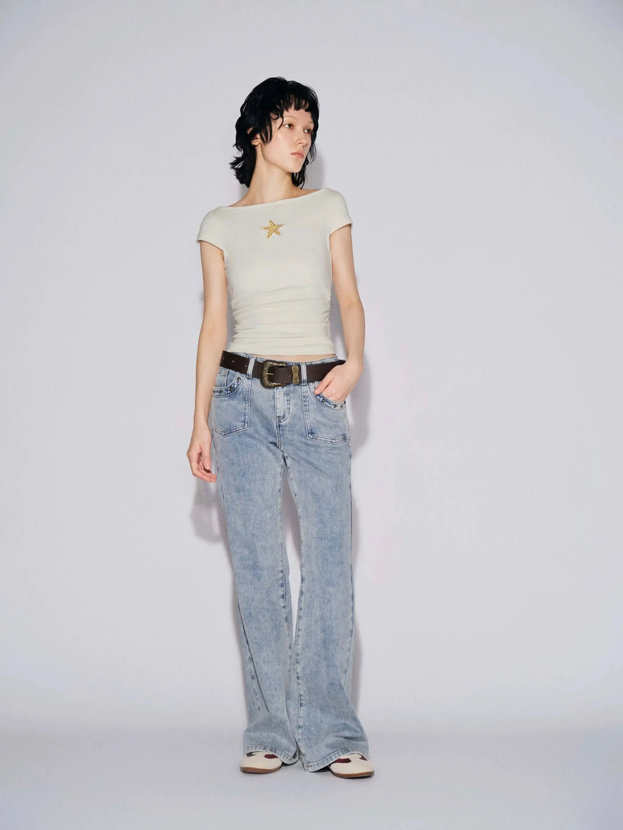 Striped Embroidered Ruched Cotton T Shirt