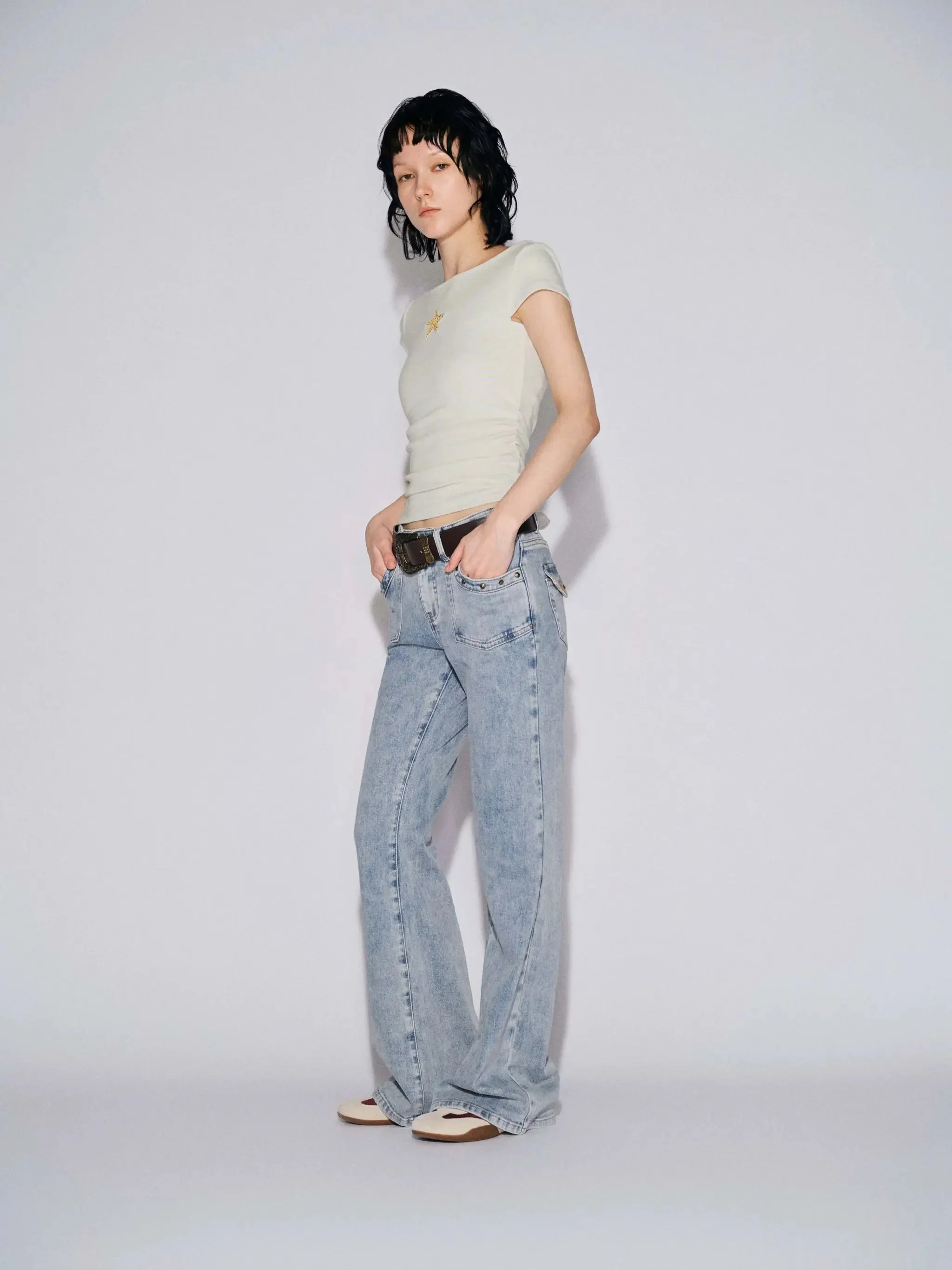 Striped Embroidered Ruched Cotton T Shirt