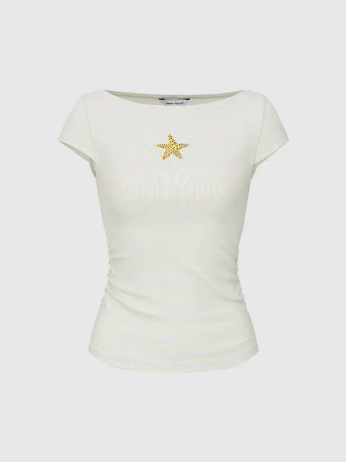 Striped Embroidered Ruched Cotton T Shirt