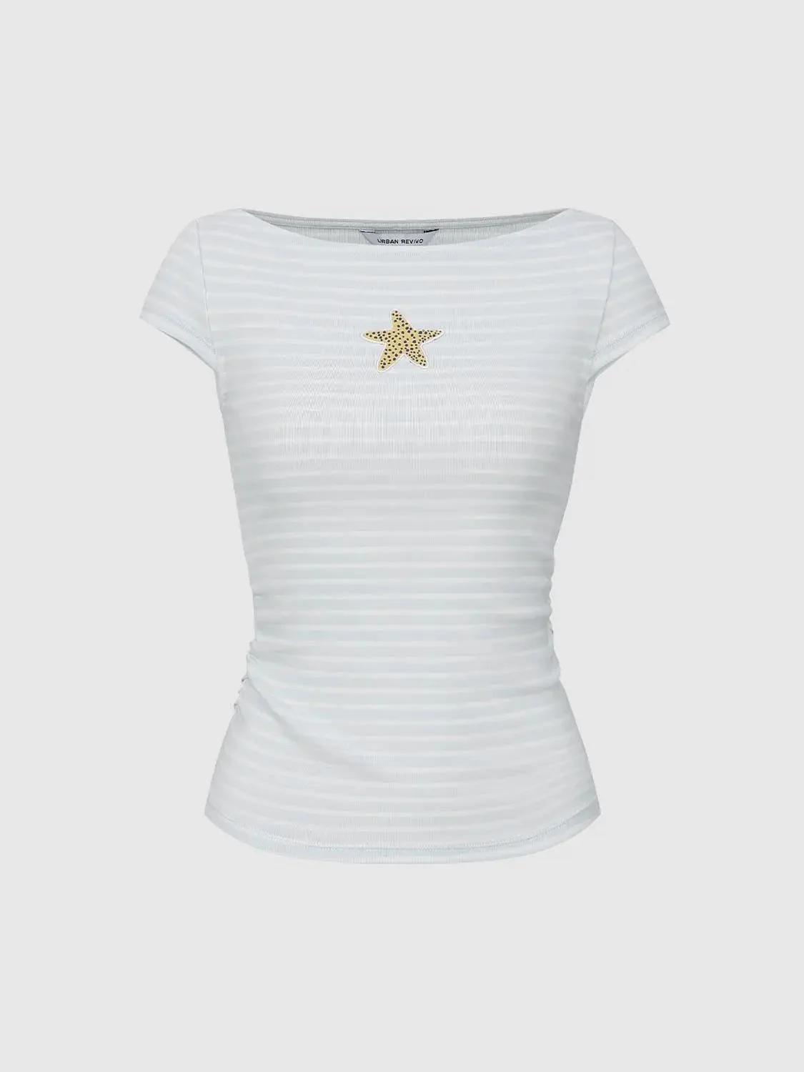 Striped Embroidered Ruched Cotton T Shirt