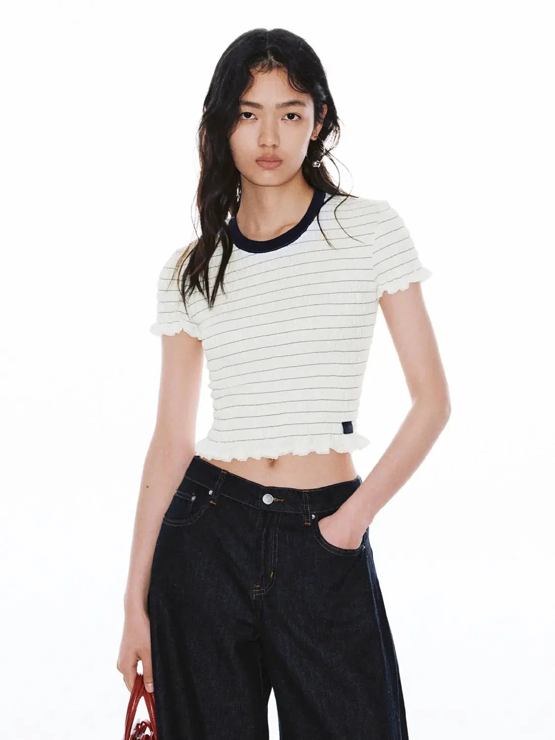 13521-cotton-striped-contrast-crew-neck-ruffle-trim-t-shirts-1.webp Cotton Striped Contrast Crew Neck Ruffle Trim T-Shirts