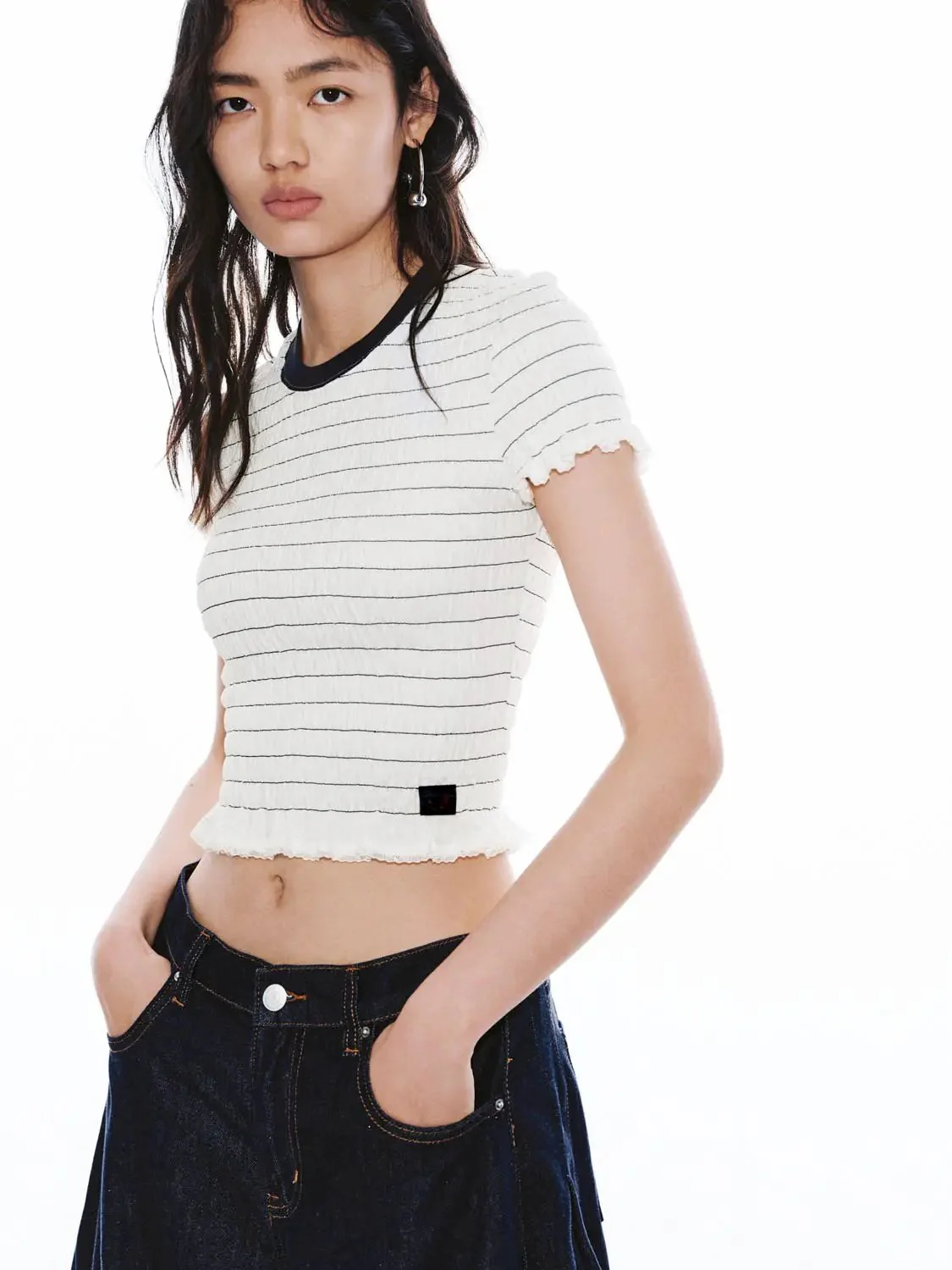 13521-cotton-striped-contrast-crew-neck-ruffle-trim-t-shirts-2.webp Cotton Striped Contrast Crew Neck Ruffle Trim T-Shirts