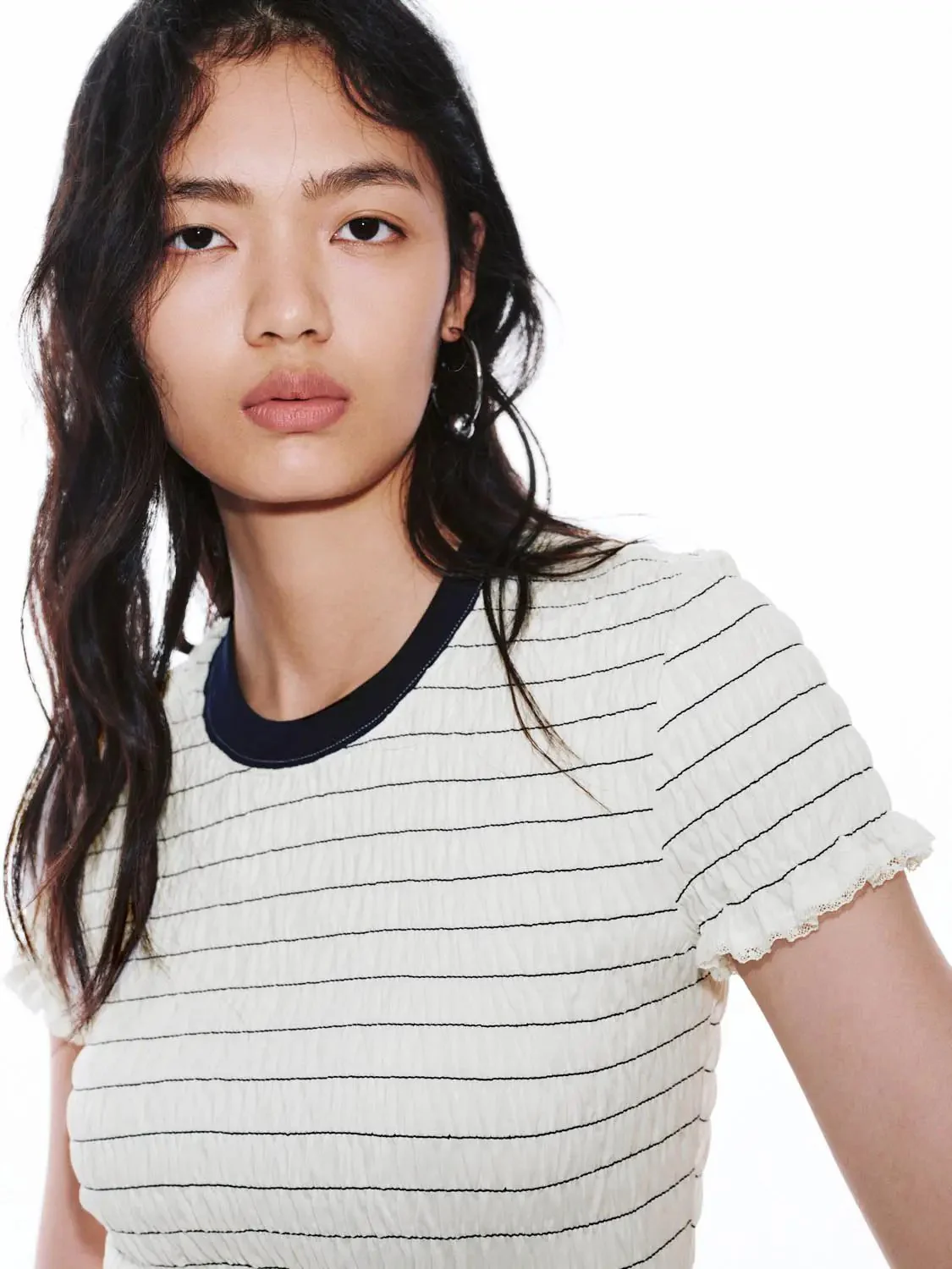 13521-cotton-striped-contrast-crew-neck-ruffle-trim-t-shirts-3.webp Cotton Striped Contrast Crew Neck Ruffle Trim T-Shirts