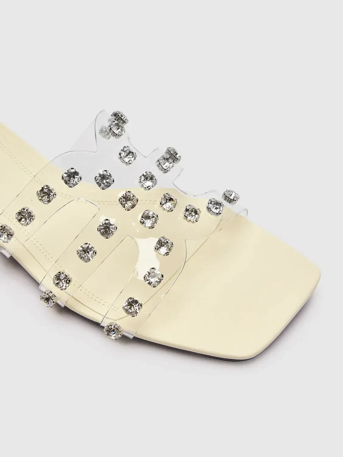 Beige Clear PVC Strap Rhinestone Slippers