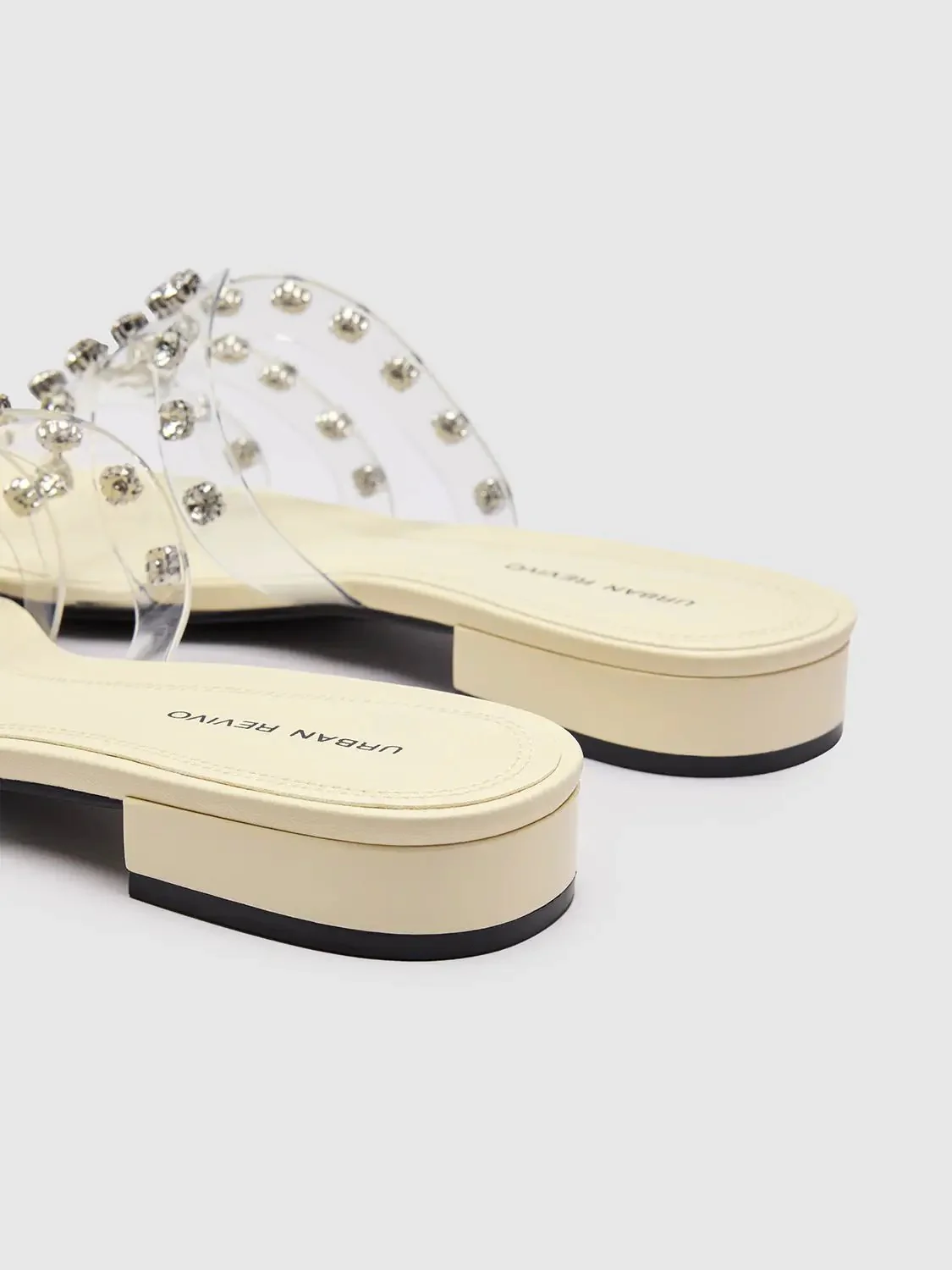 Beige Clear PVC Strap Rhinestone Slippers