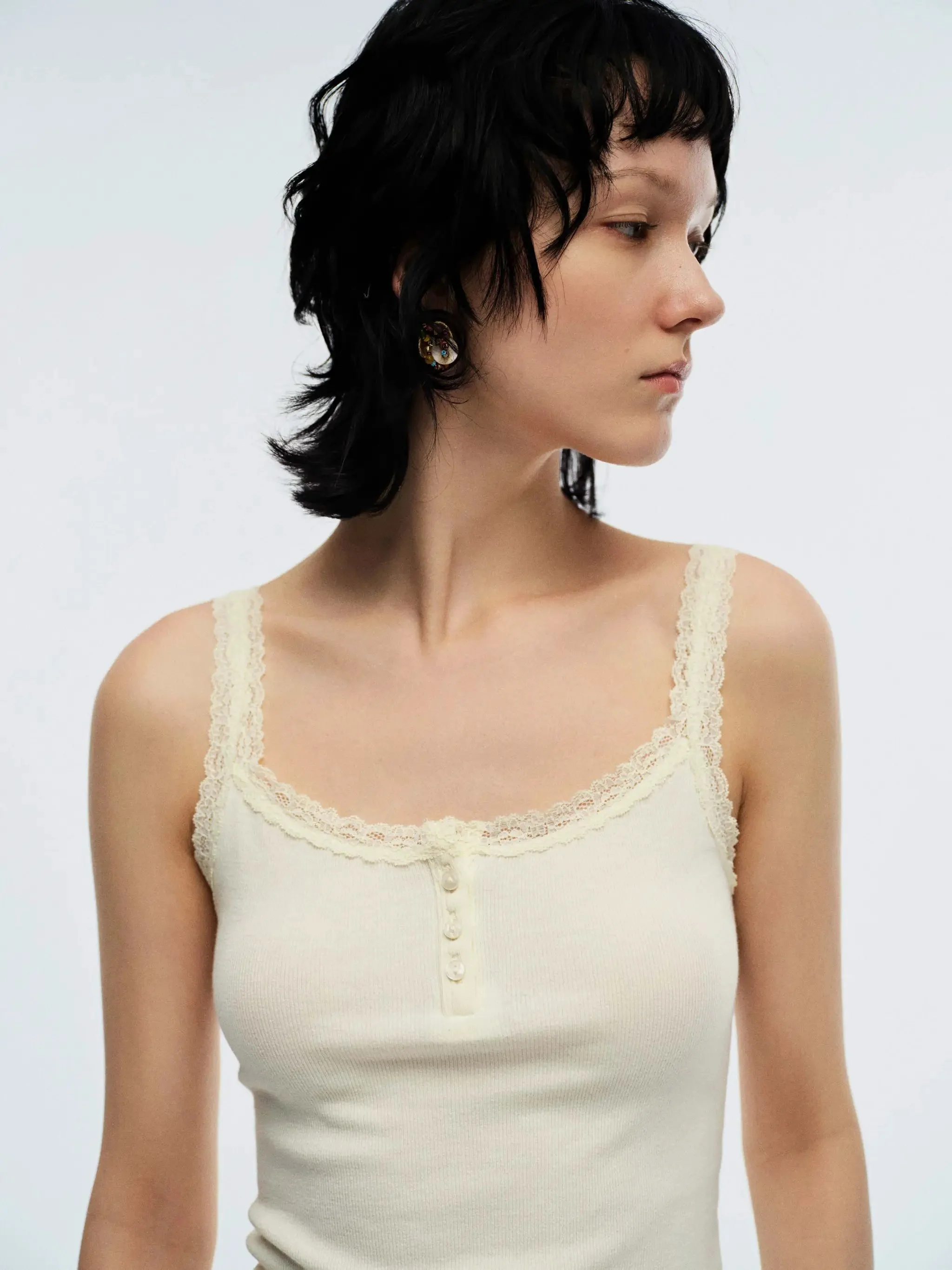 Cream Delicate Lace Trim Strappy Cotton Tank Tops