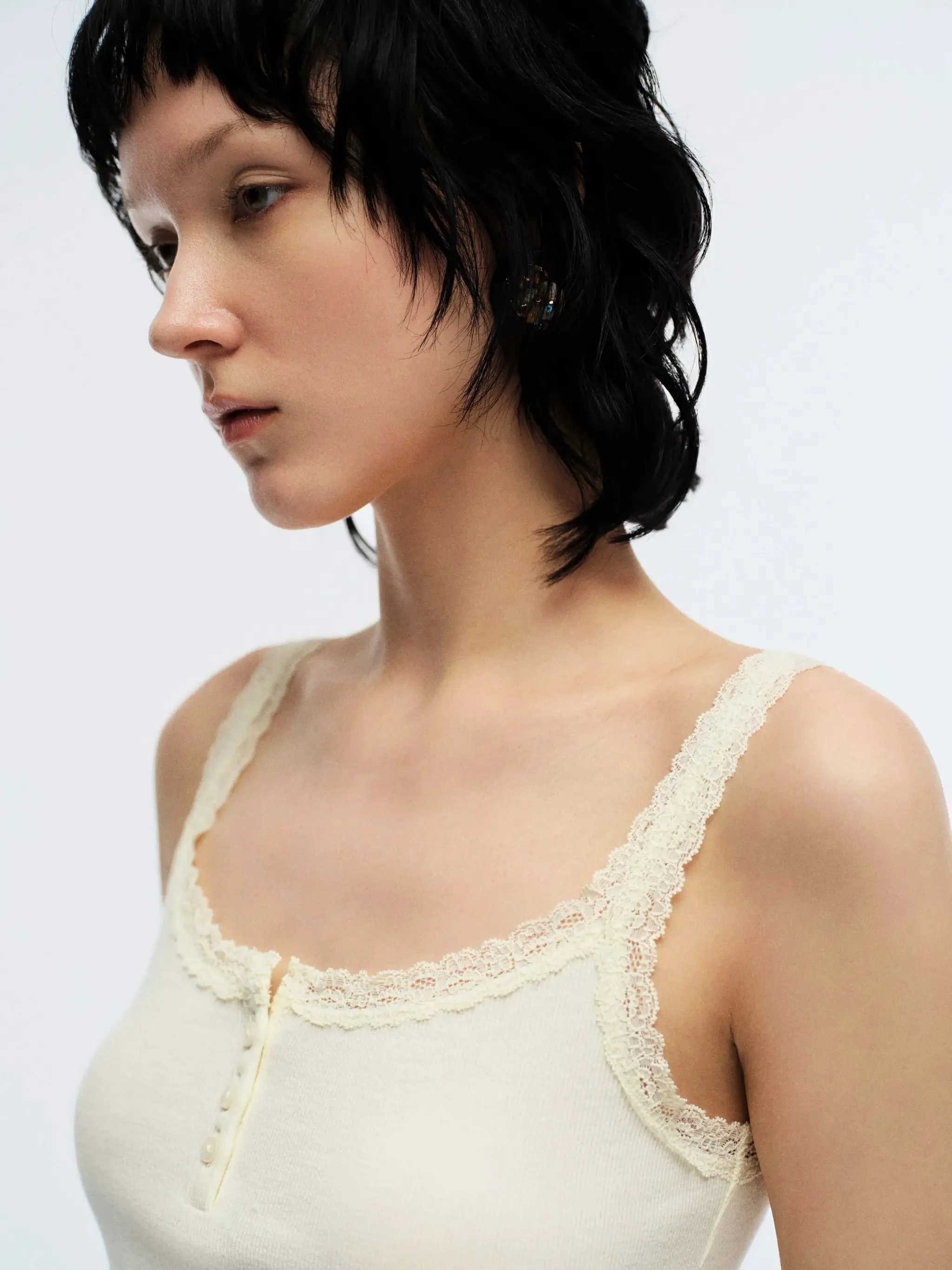 Cream Delicate Lace Trim Strappy Cotton Tank Tops