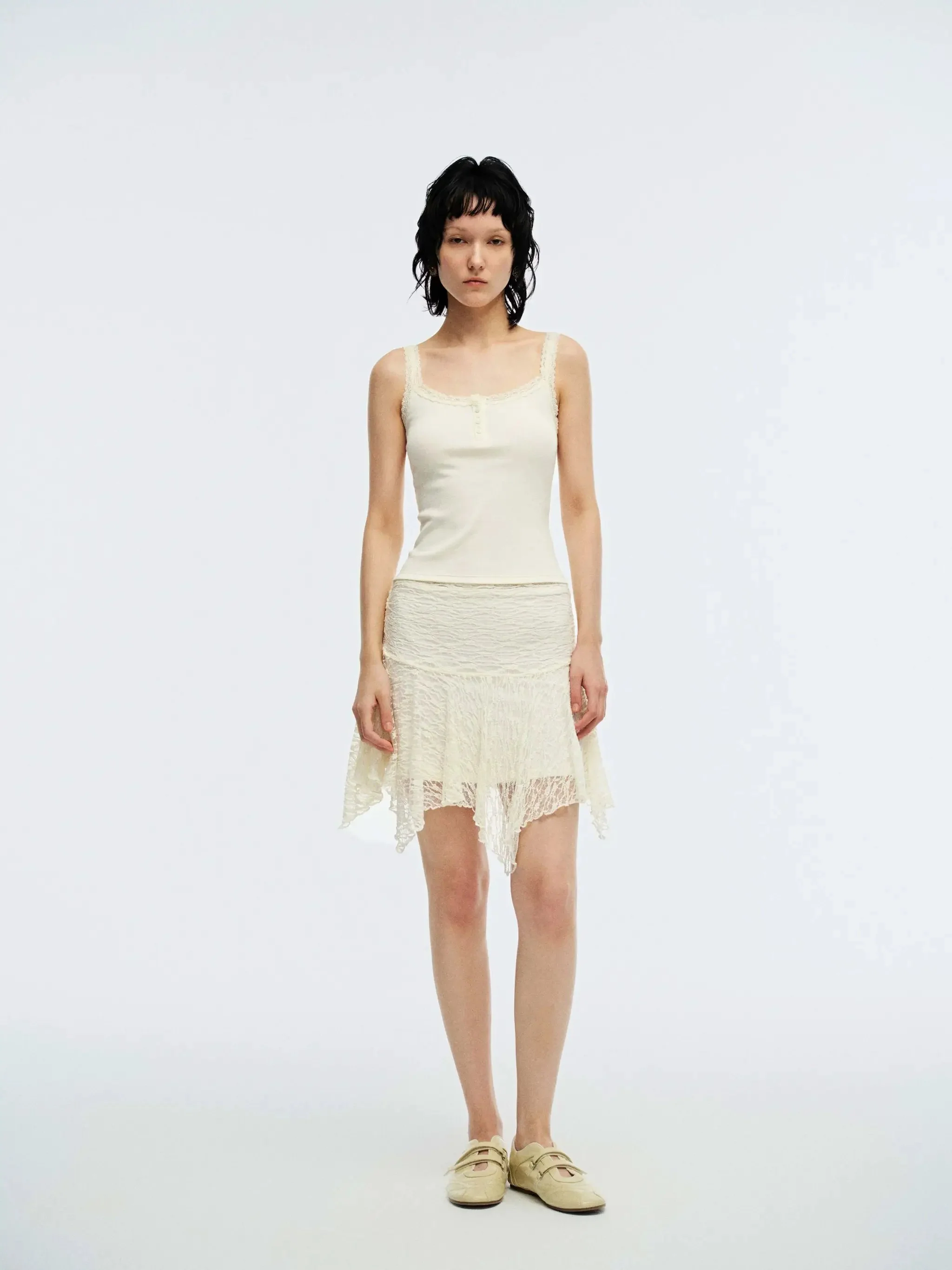 Cream Delicate Lace Trim Strappy Cotton Tank Tops