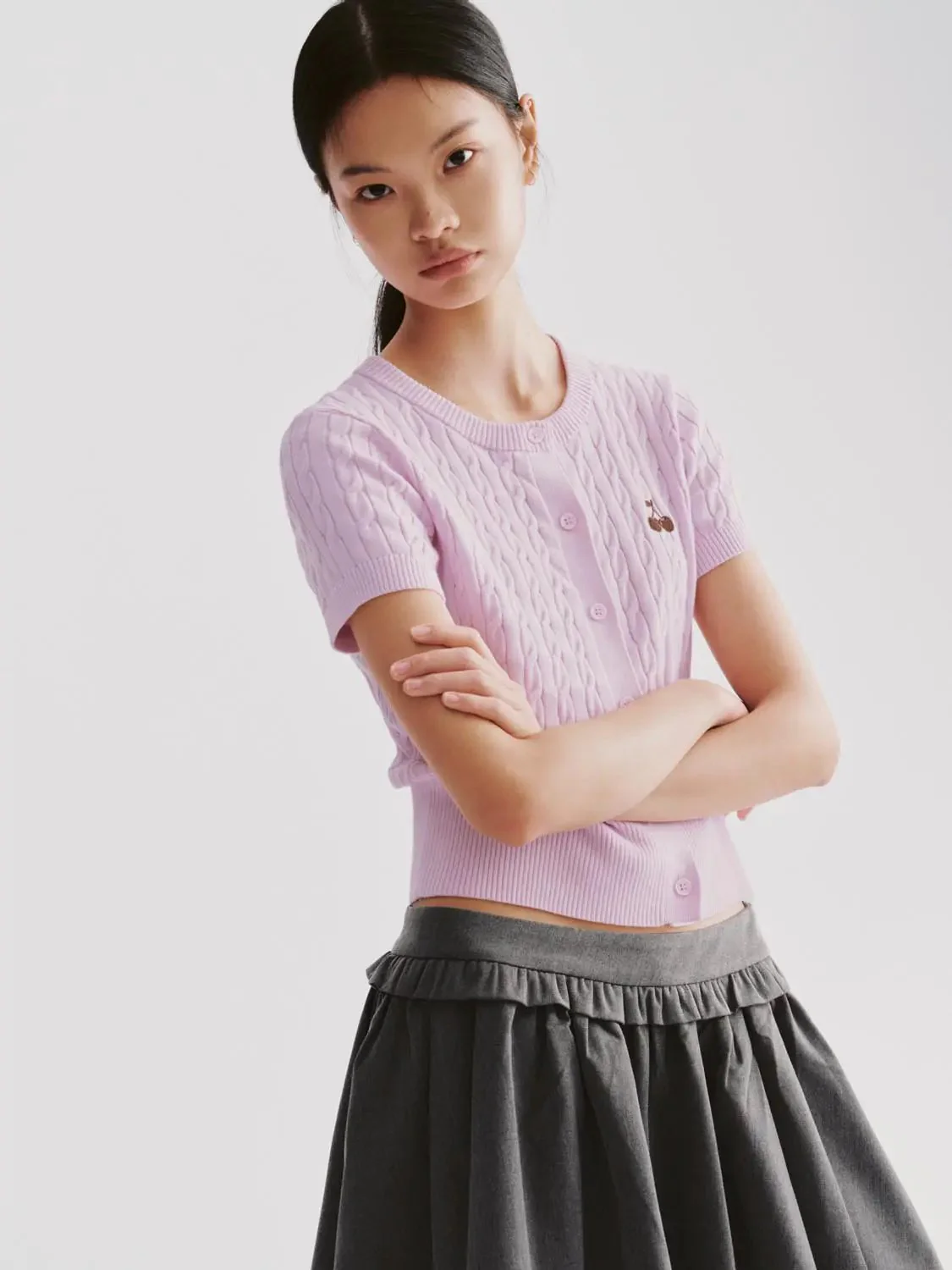 13654-lavender-cotton-cable-knit-short-sleeve-cardigans-2.webp Lavender Cotton Cable Knit Short Sleeve Cardigans
