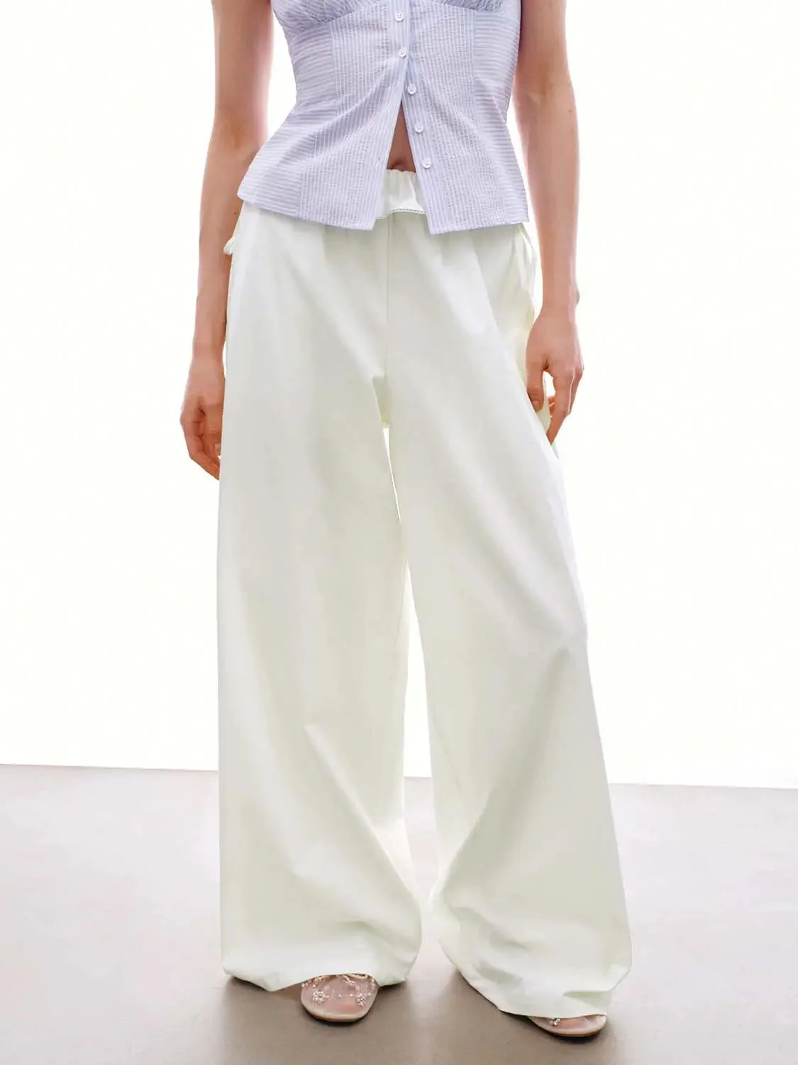 Cotton Blend Wide Leg Pants With Ruffle Hem