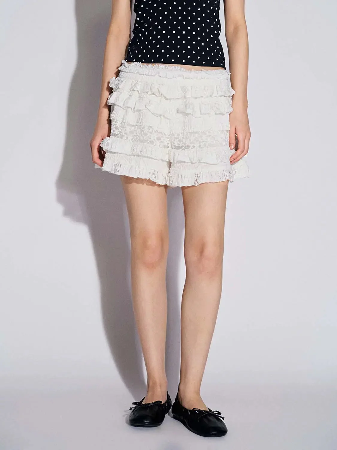 White Cotton Tiered Lace Ruffle Pull On Shorts