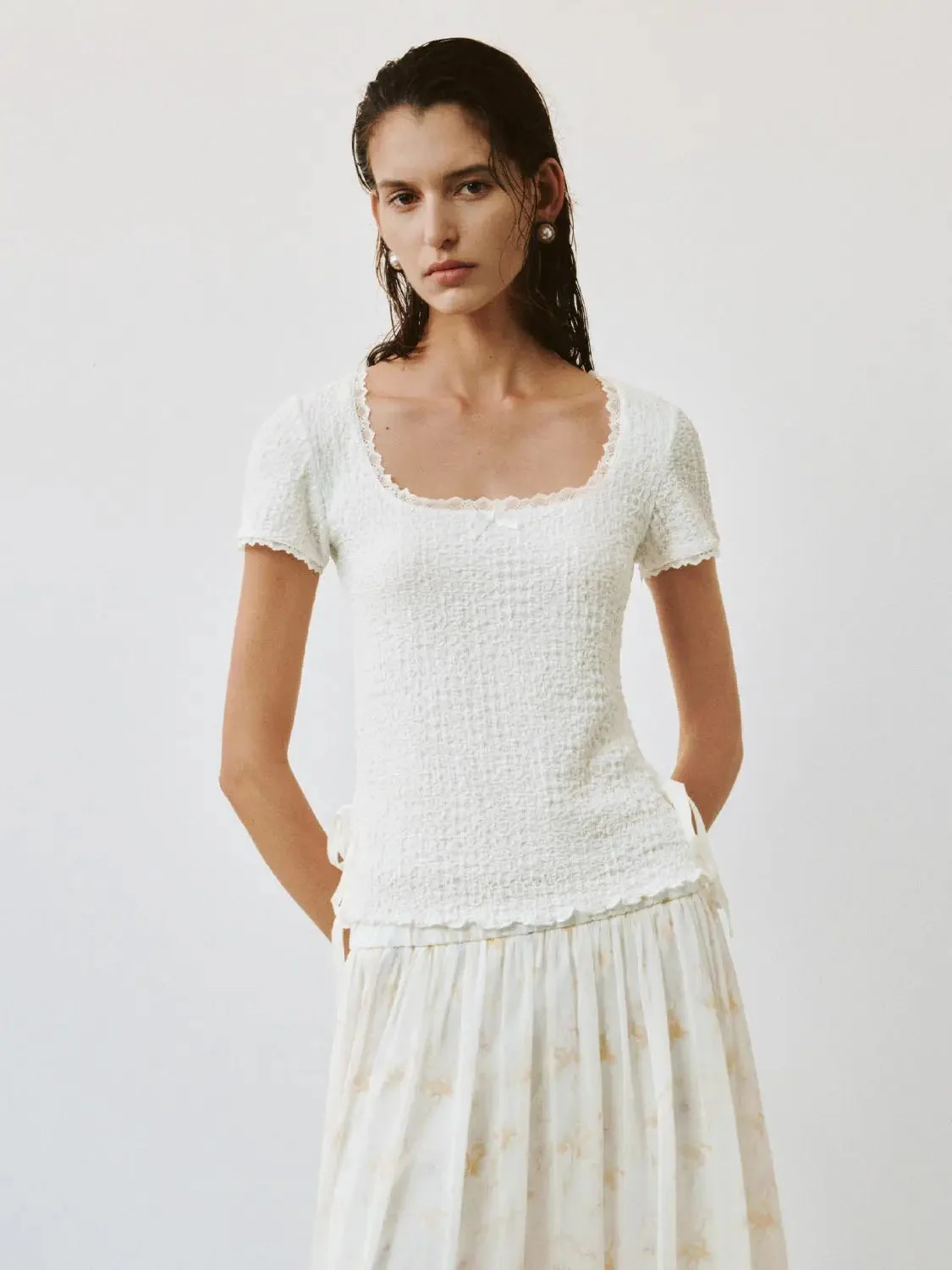 13749-textured-knit-square-neck-ruffle-bow-t-shirts-1.webp Textured Knit Square Neck Ruffle Bow T-Shirts