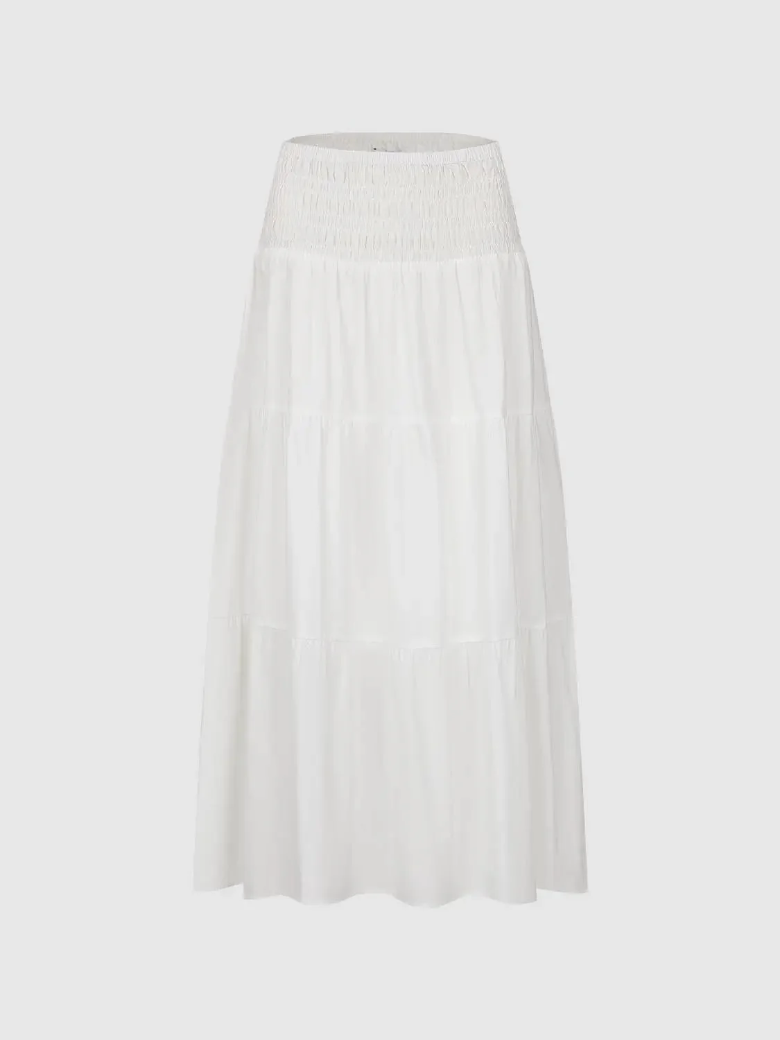 13754-elegant-shirred-cotton-tiered-pull-on-a-line-midi-skirts-1.webp Elegant Shirred Cotton Tiered Pull-On A-Line Midi Skirts