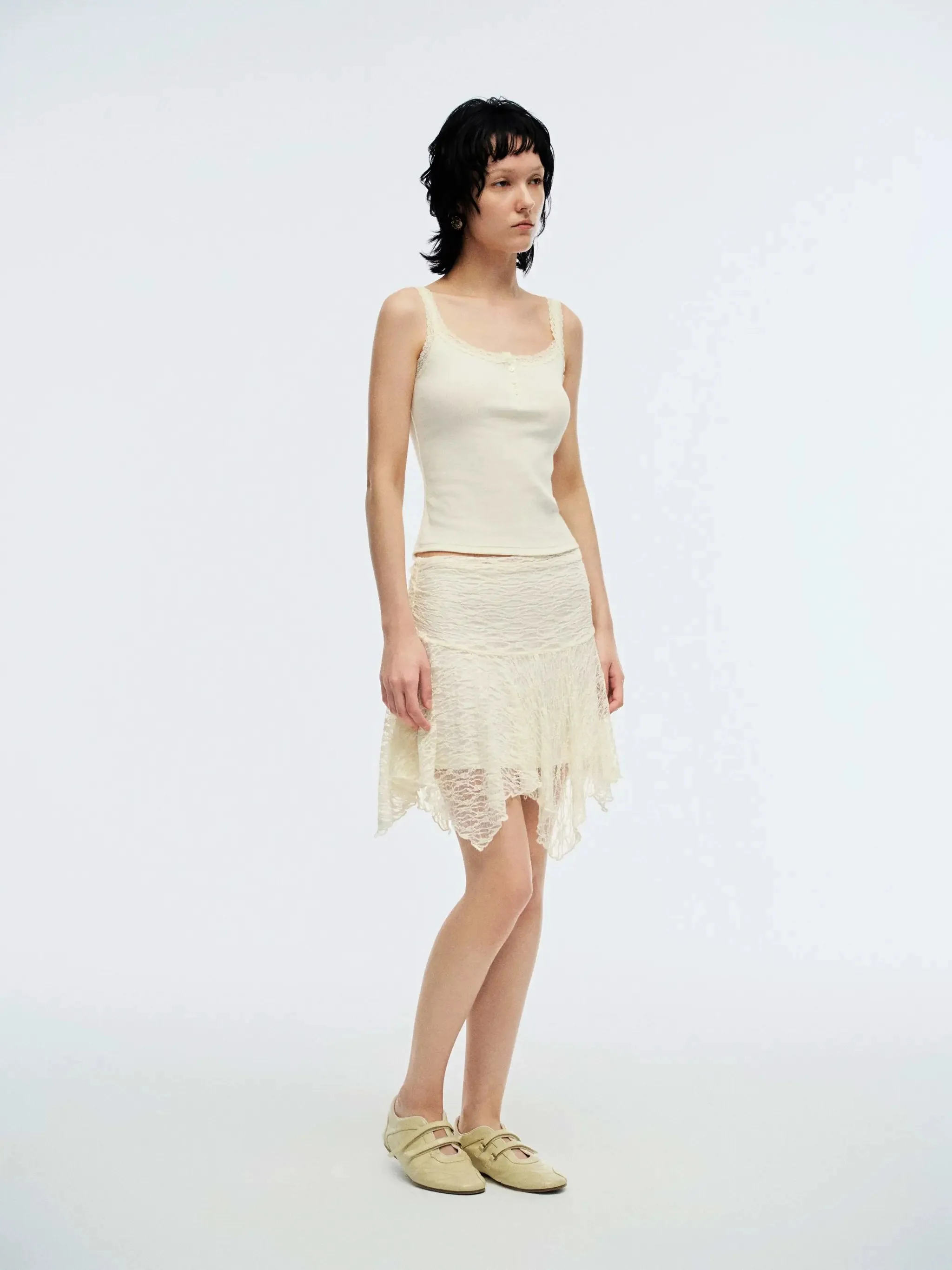 Laced Asymmetric A-Line Mini Skirts With Slight Stretch