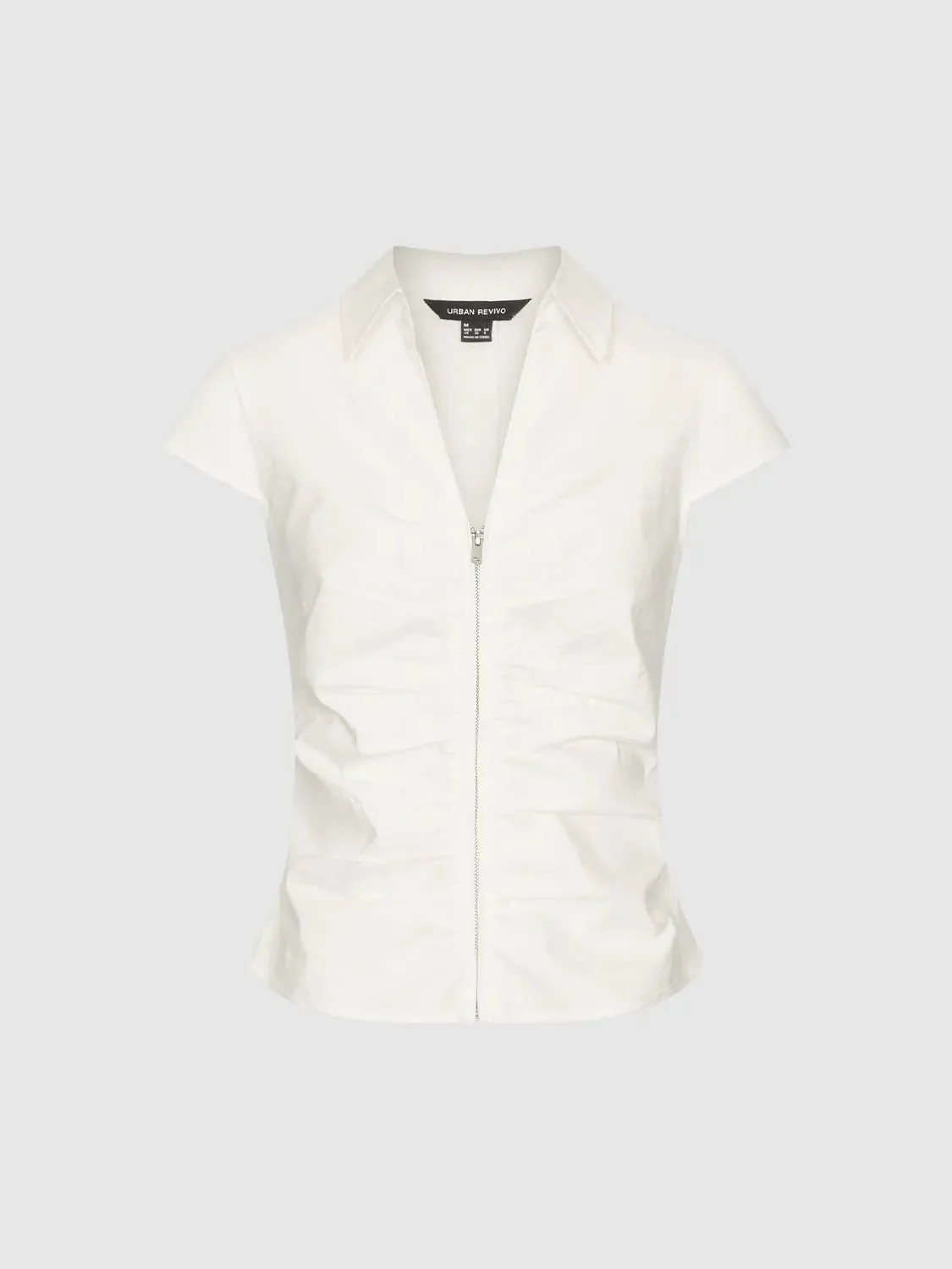 Shirred Zip Up Short Sleeve Shirts With Slight Stretch