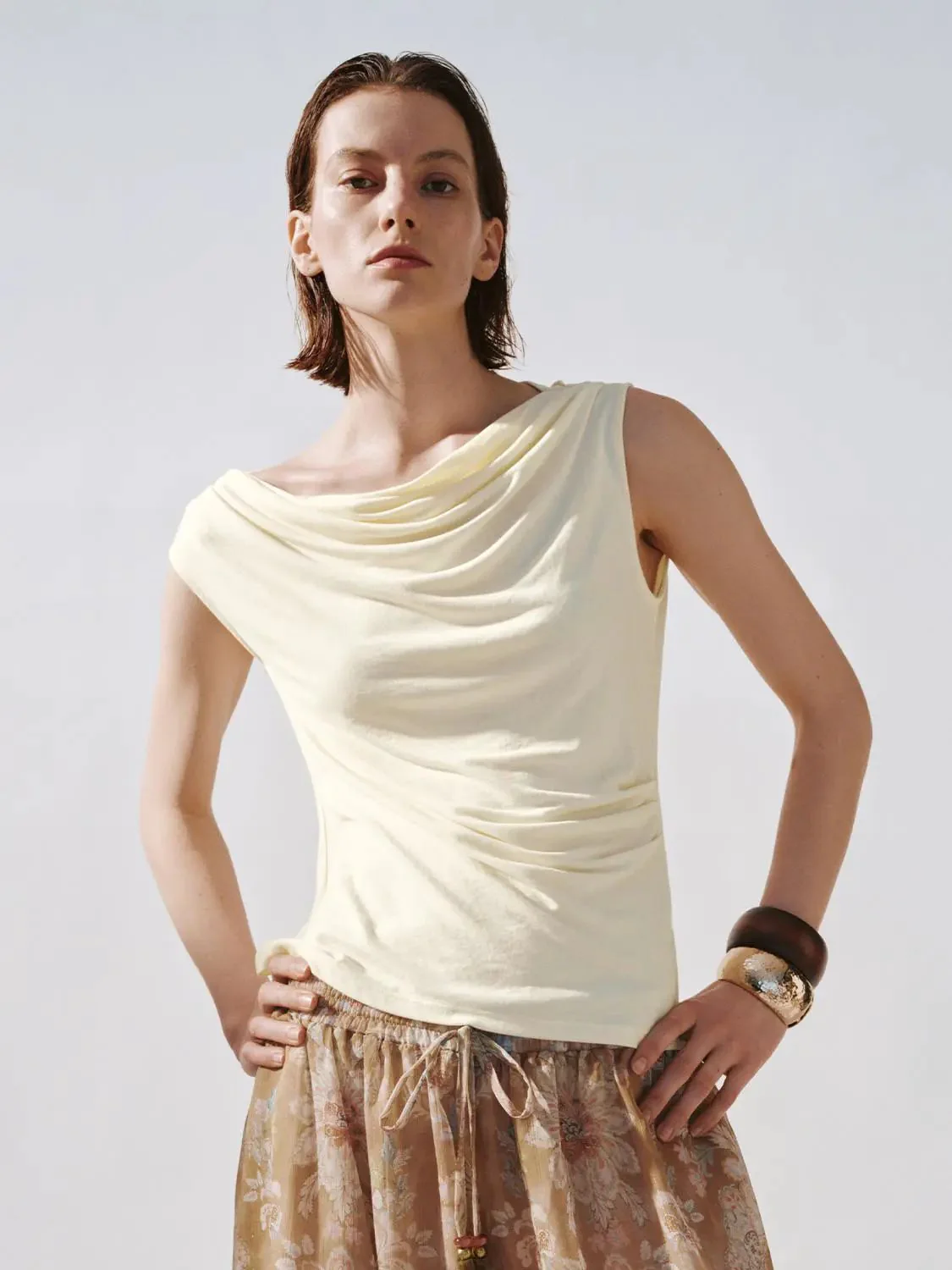 13860-one-shoulder-cowl-neck-ruched-t-shirts-tops-2.webp One Shoulder Cowl Neck Ruched T-Shirts Tops