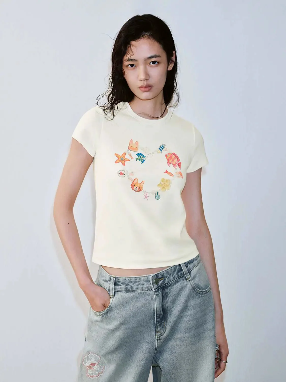 Heart Shaped Animal Print Cotton Blend Ladies T Shirt