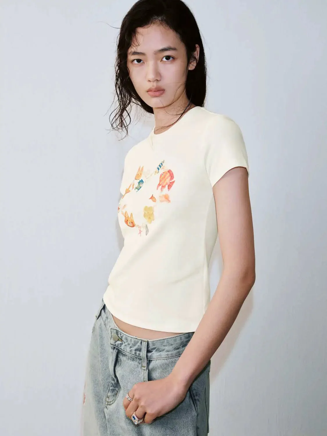 Heart Shaped Animal Print Cotton Blend Ladies T Shirt
