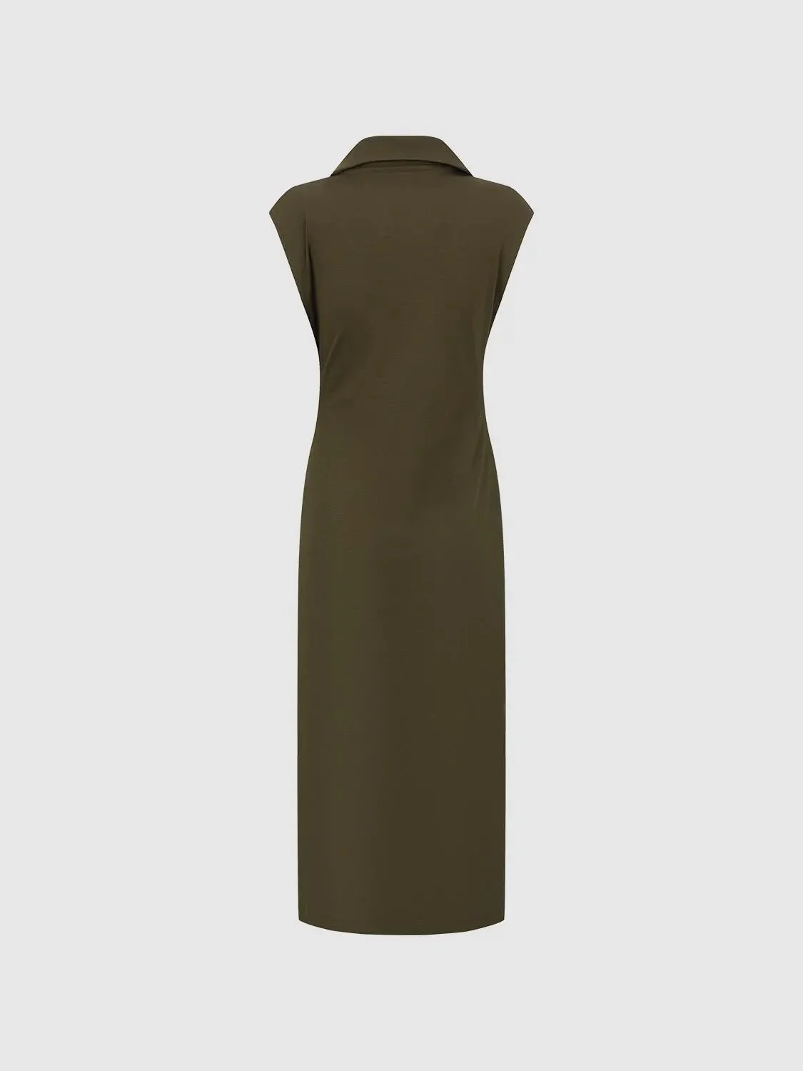 1401-olive-crepe-polo-neck-sleeveless-draped-midi-dresses-2.webp Olive Crepe Polo Neck Sleeveless Draped Midi Dresses